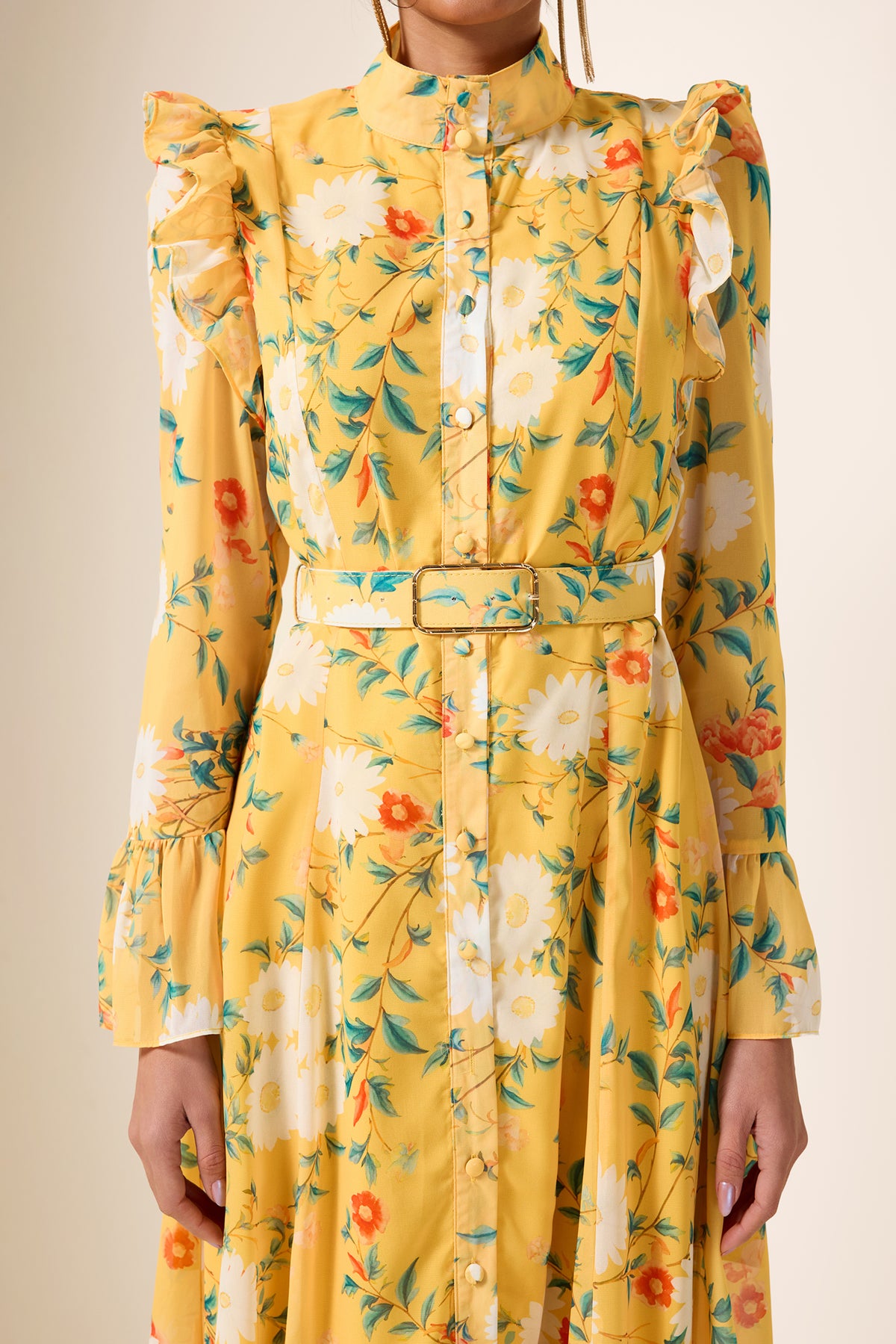 Floral Frill Butterfly Sleeve Midi Dress With Belt