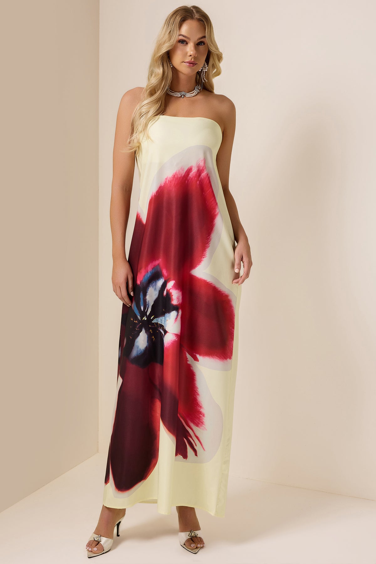 Floral Satin Off-Shoulder Maxi Dress