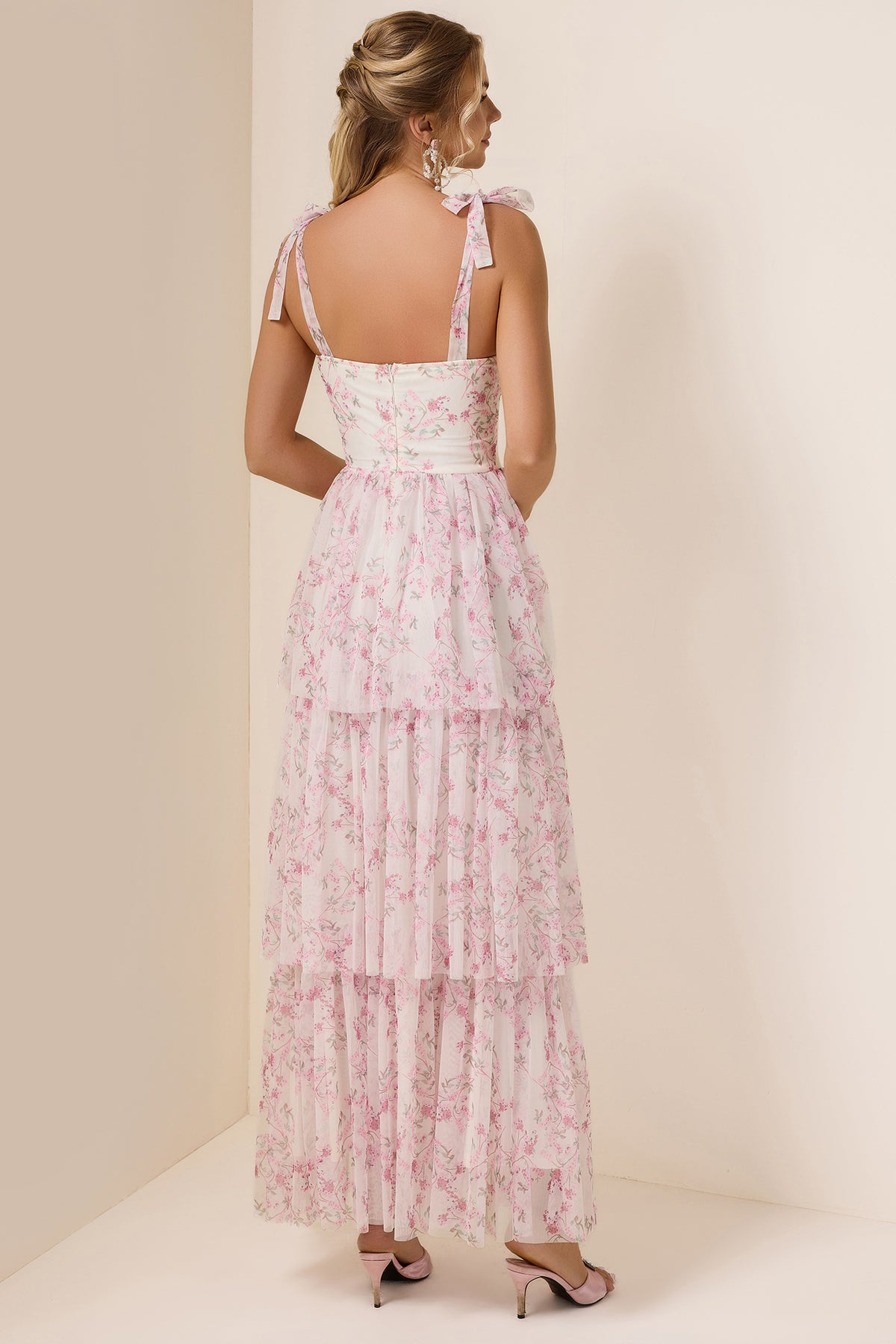 Floral Lace Up Ruffle Maxi Dress