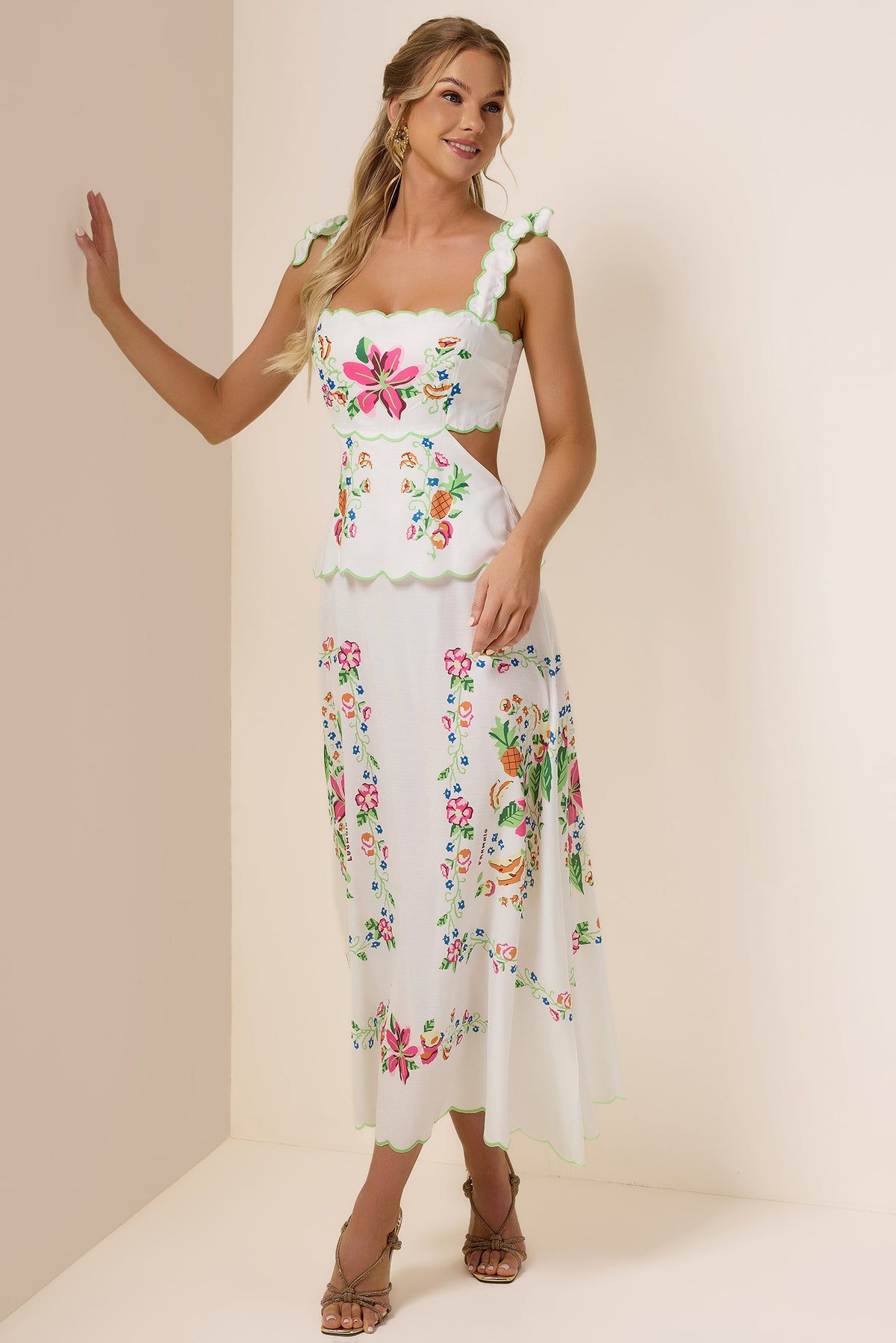 Floral Cut-Out Lace Up Midi Dress