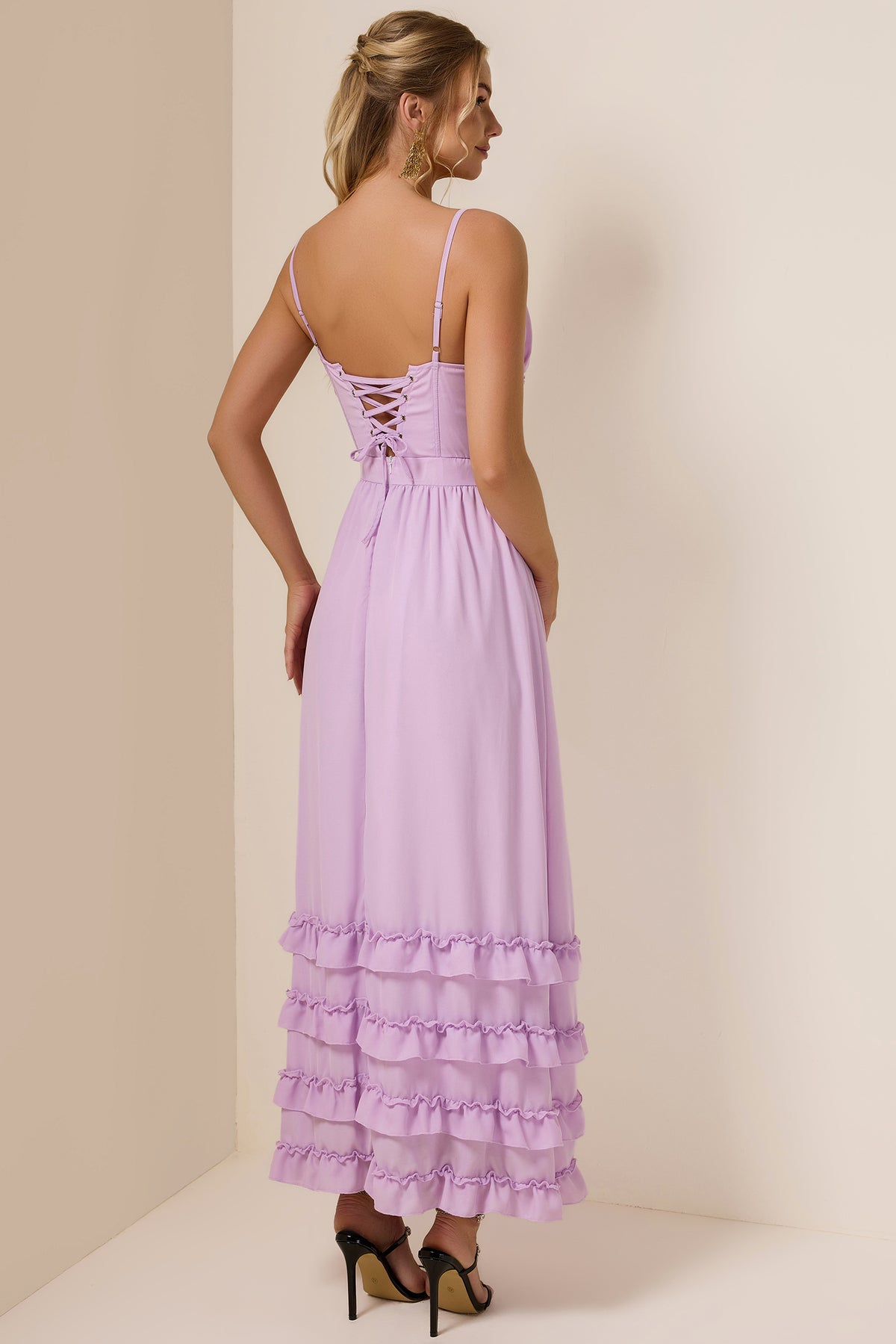 Chiffon Solid Frill Midi Dress