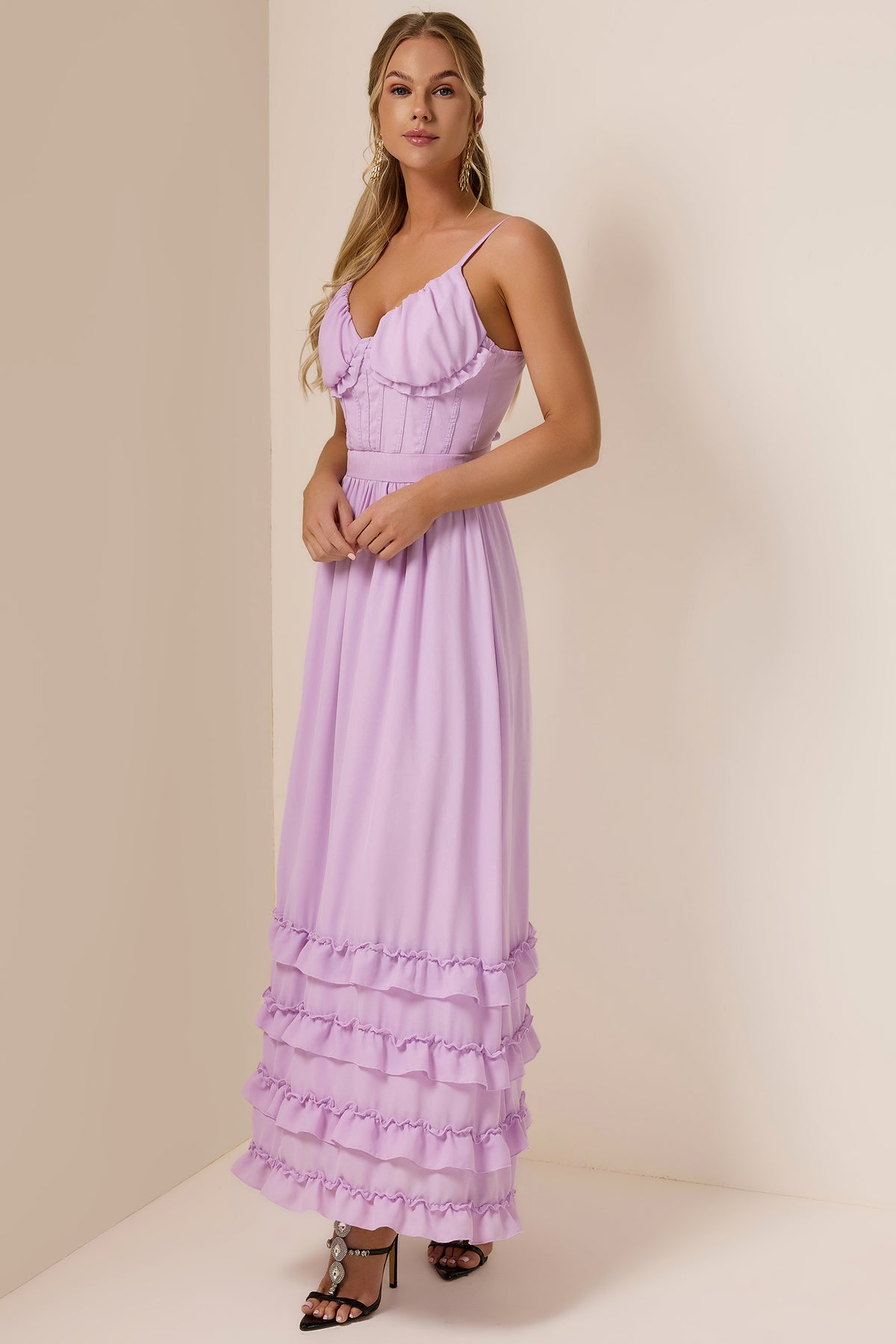 Chiffon Solid Frill Midi Dress