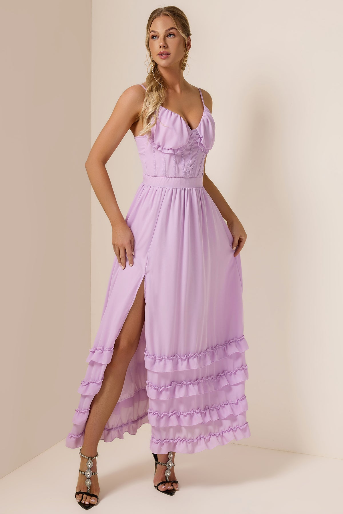 Chiffon Solid Frill Midi Dress