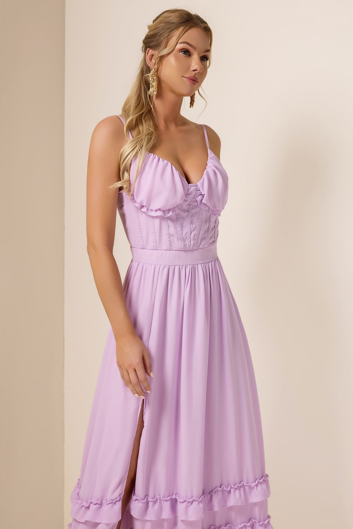Chiffon Solid Frill Midi Dress