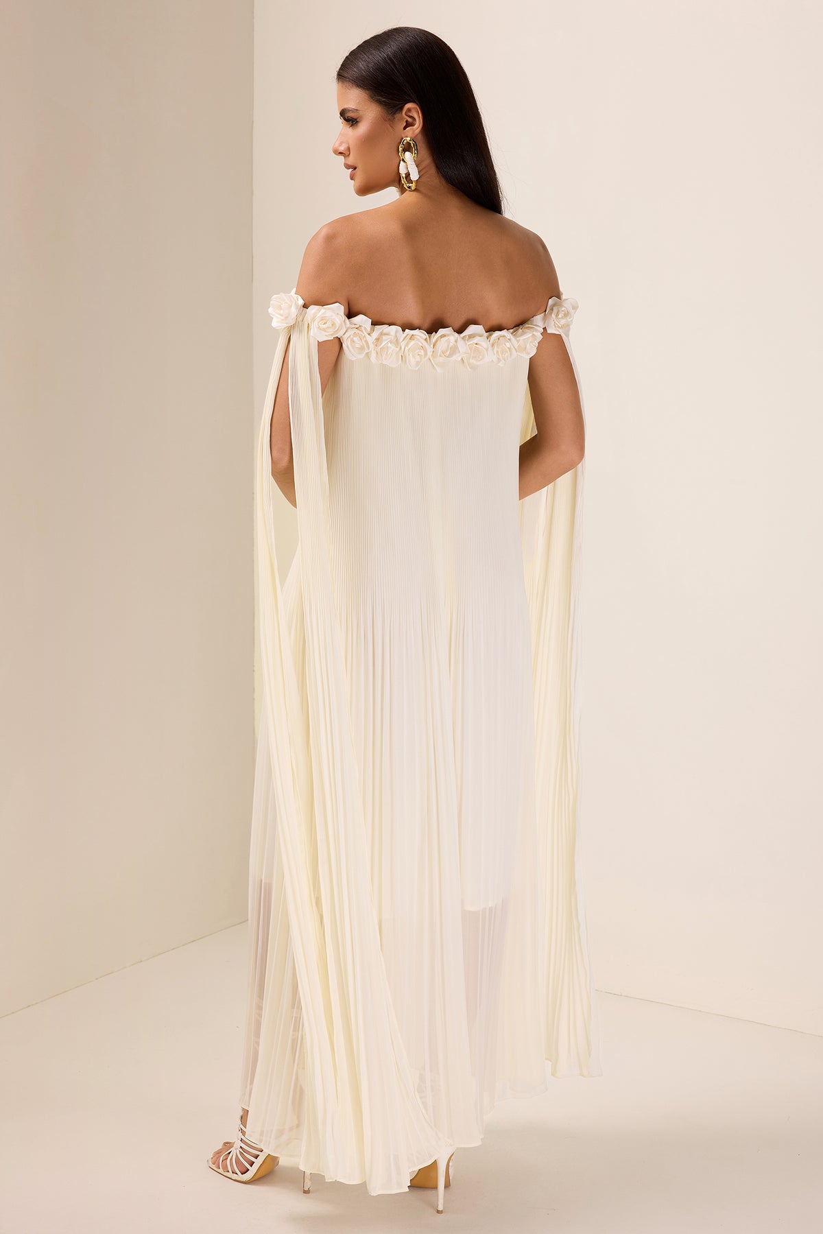 3D Flower Chiffon Off-Shoulder Pleat Maxi Dress