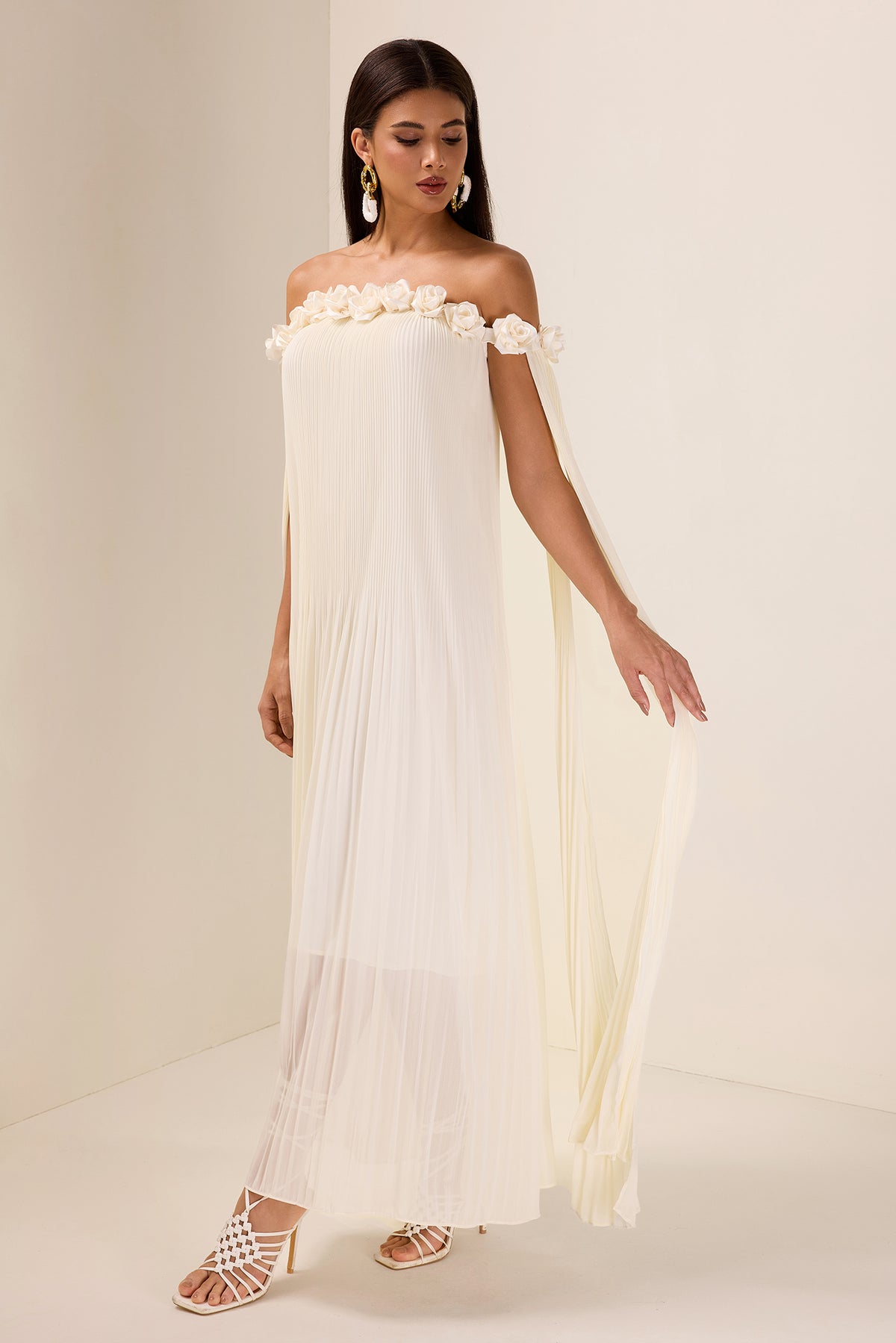 3D Flower Chiffon Off-Shoulder Pleat Maxi Dress