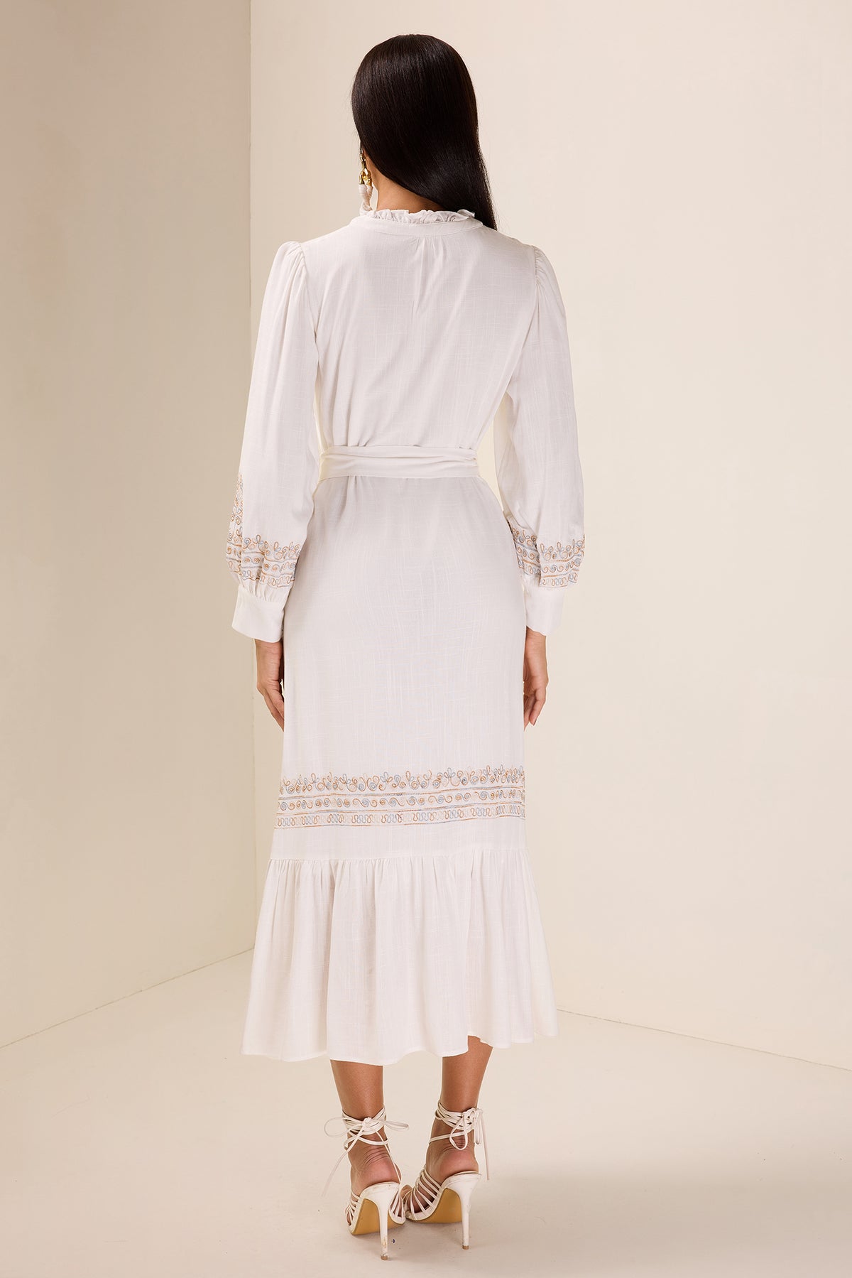 Embroidered Lace-Up Lantern Sleeve Midi Dress