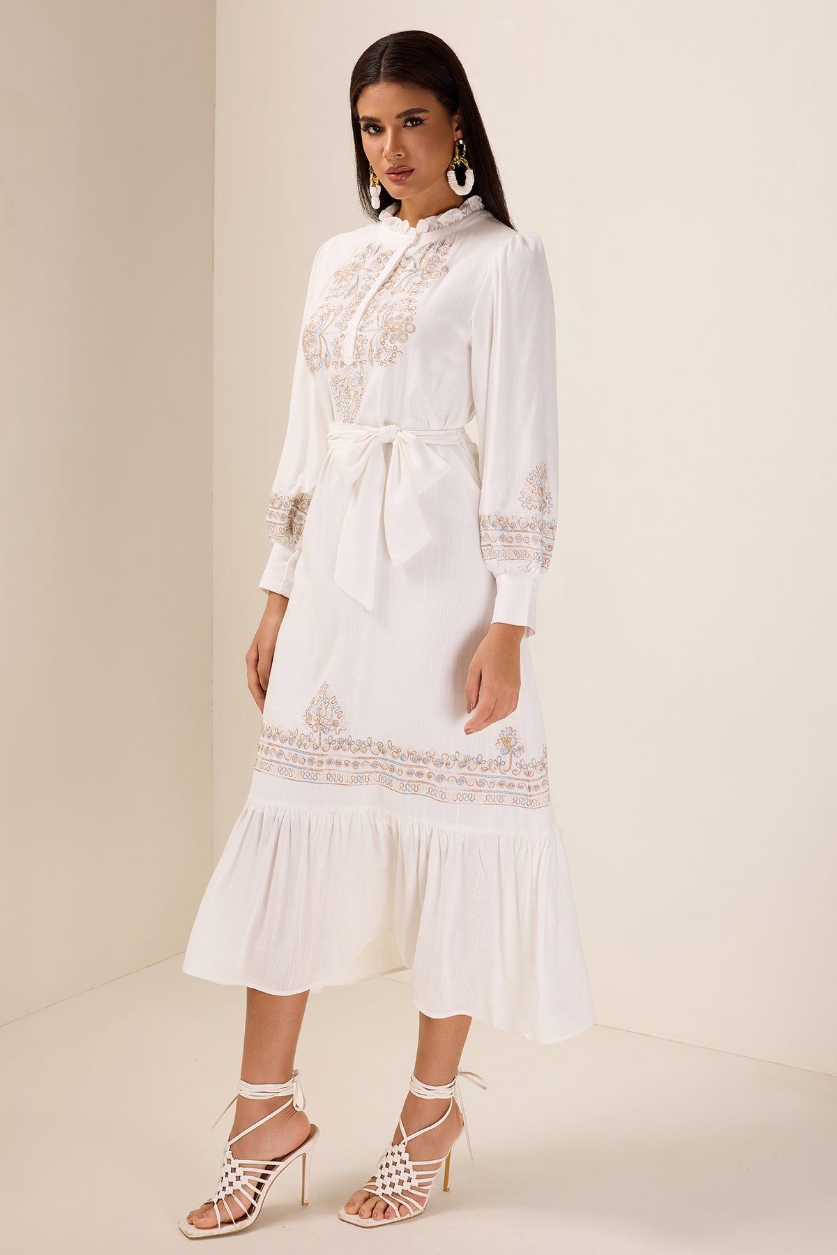 Embroidered Lace-Up Lantern Sleeve Midi Dress