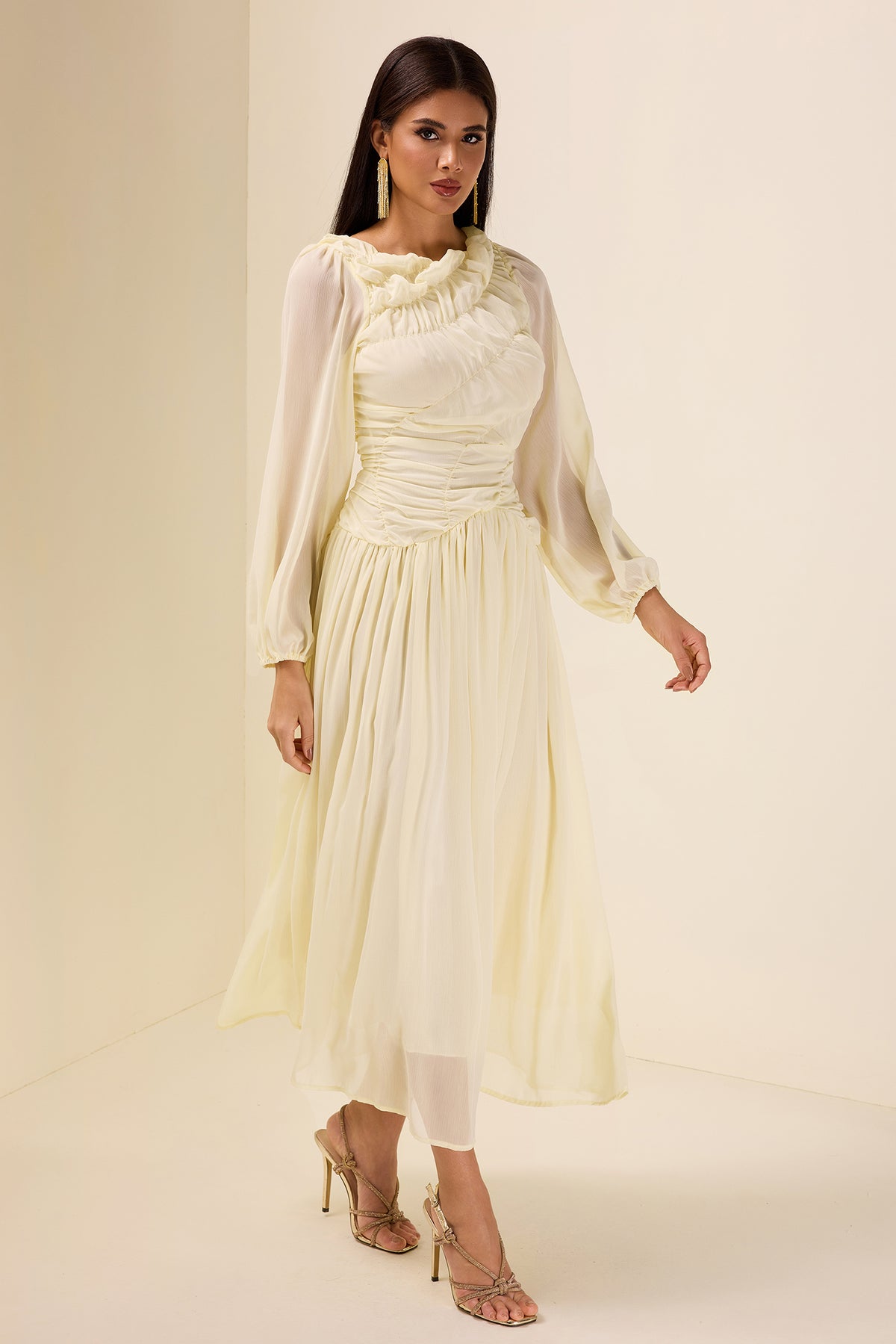Chiffon Gathering Long Sleeve Midi Dress