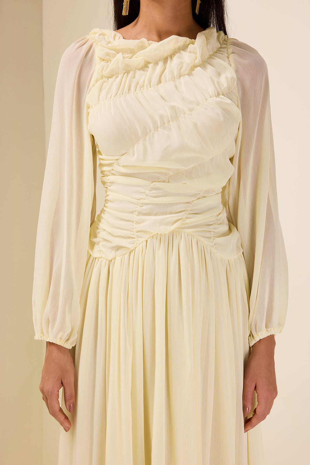 Chiffon Gathering Long Sleeve Midi Dress