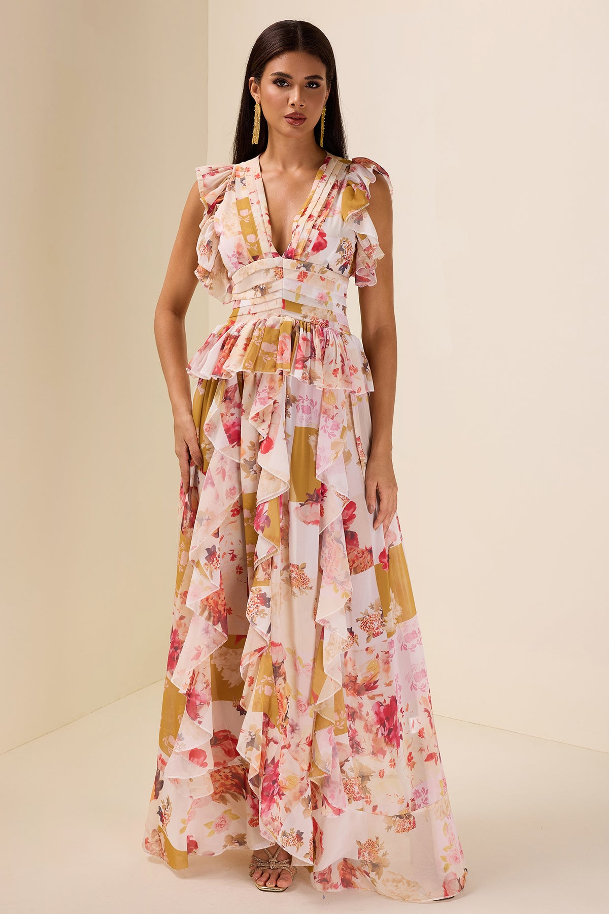 Ruffle V-Neck Split Maxi Dress