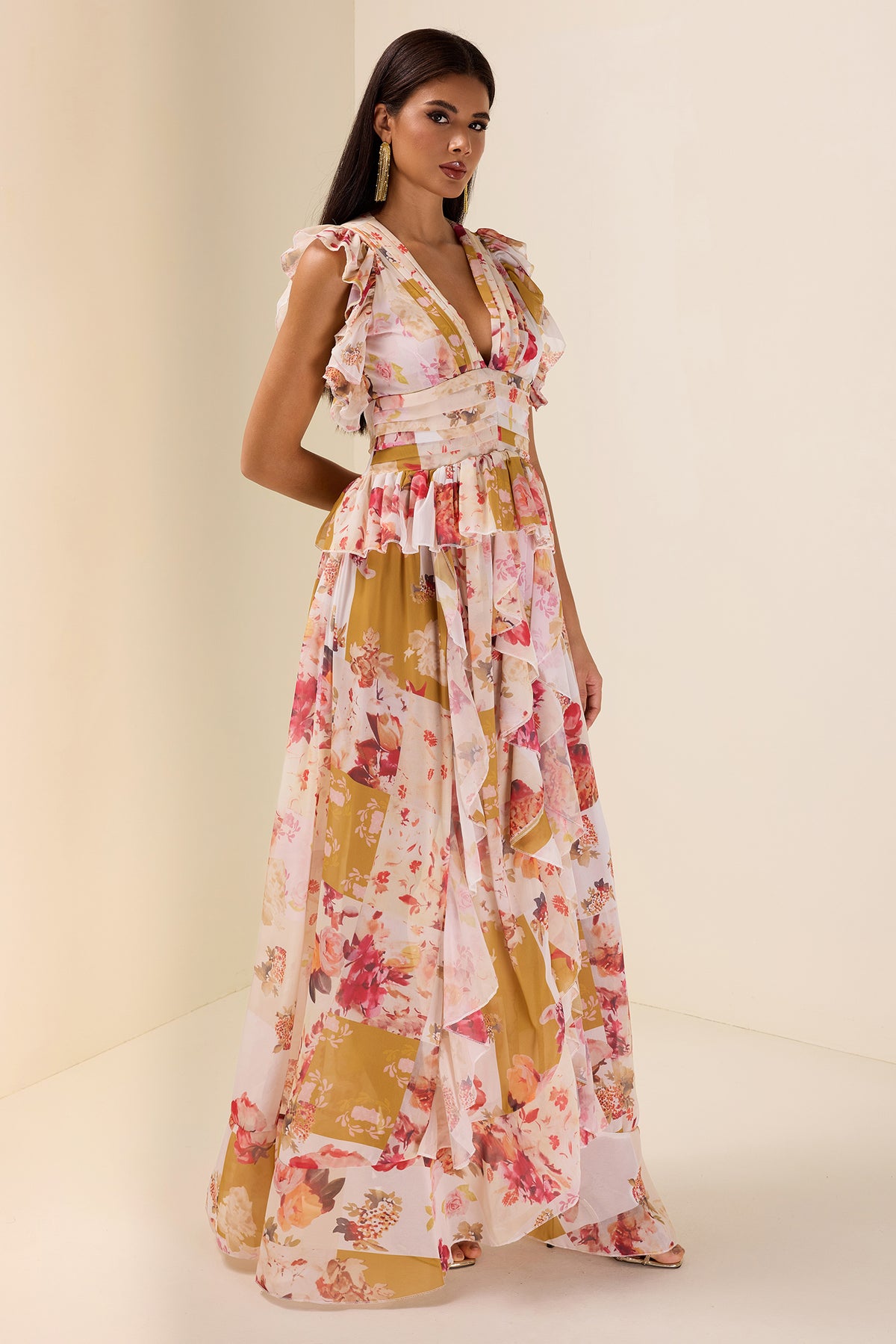 Ruffle V-Neck Split Maxi Dress