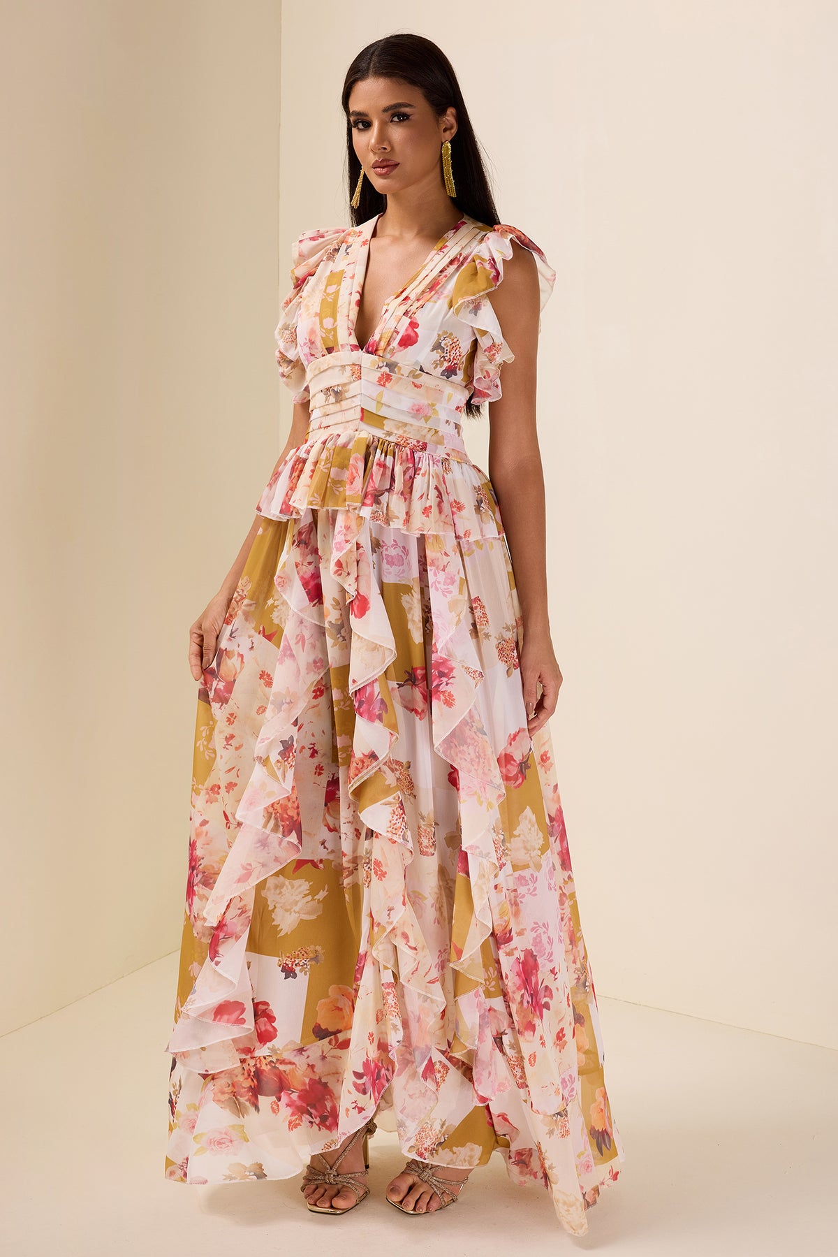 Ruffle V-Neck Split Maxi Dress