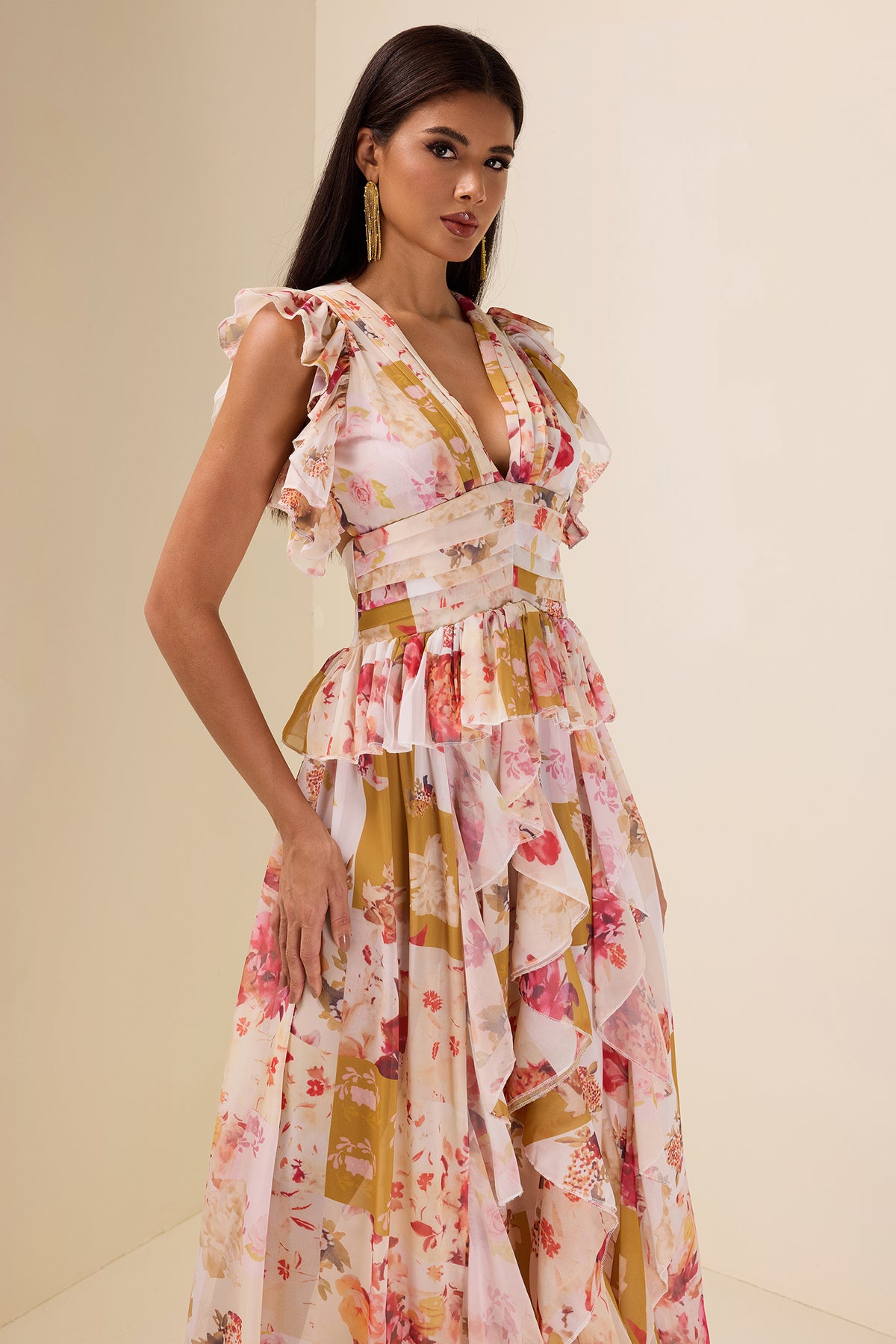 Ruffle V-Neck Split Maxi Dress