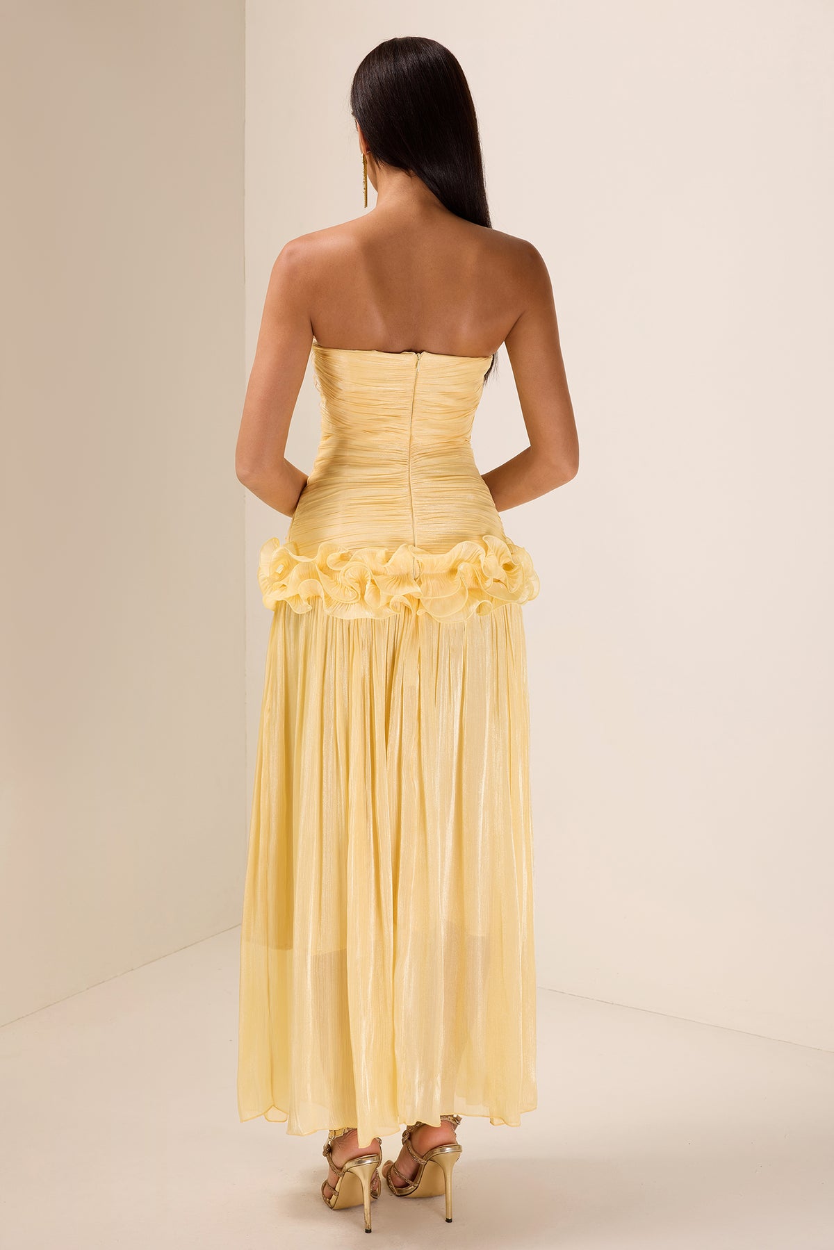 Solid Pleated Ruffle Maxi Dress