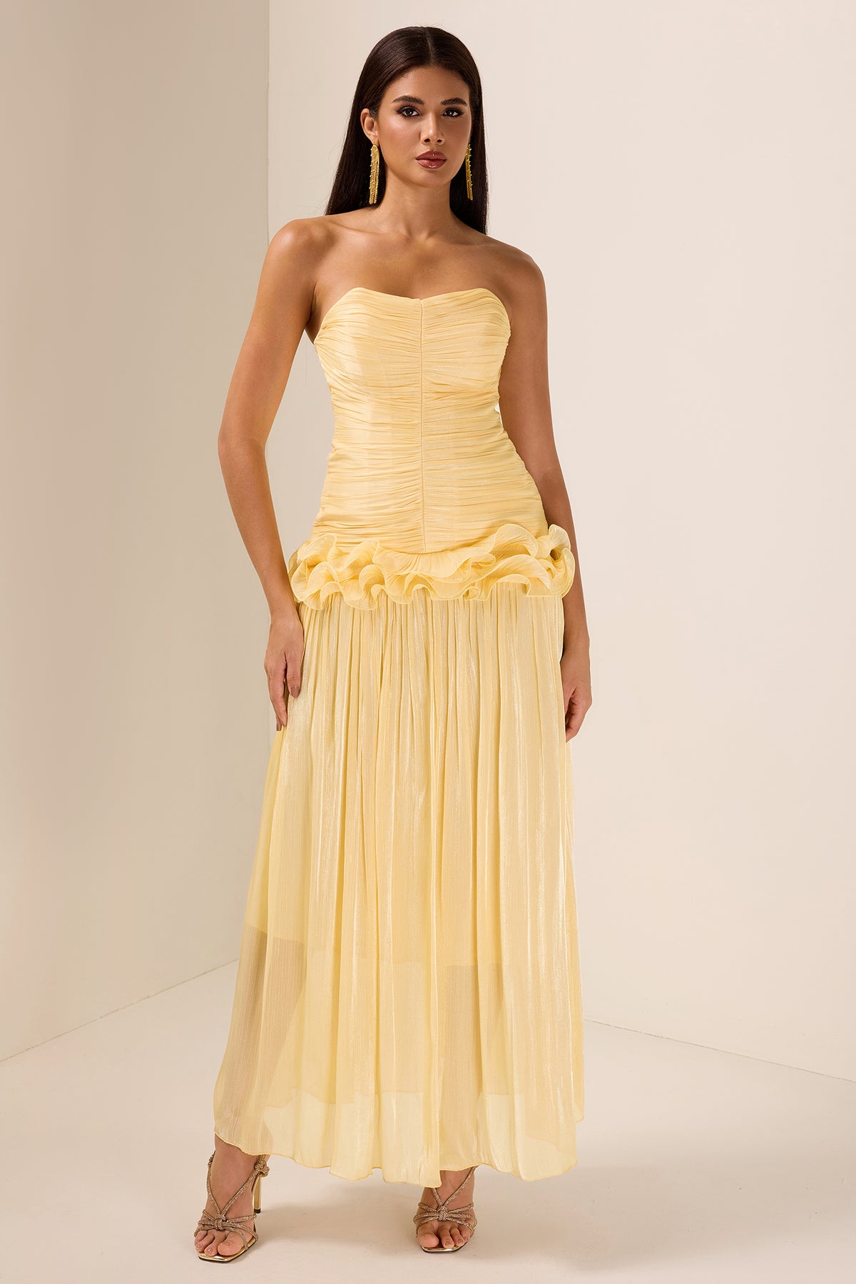 Solid Pleated Ruffle Maxi Dress