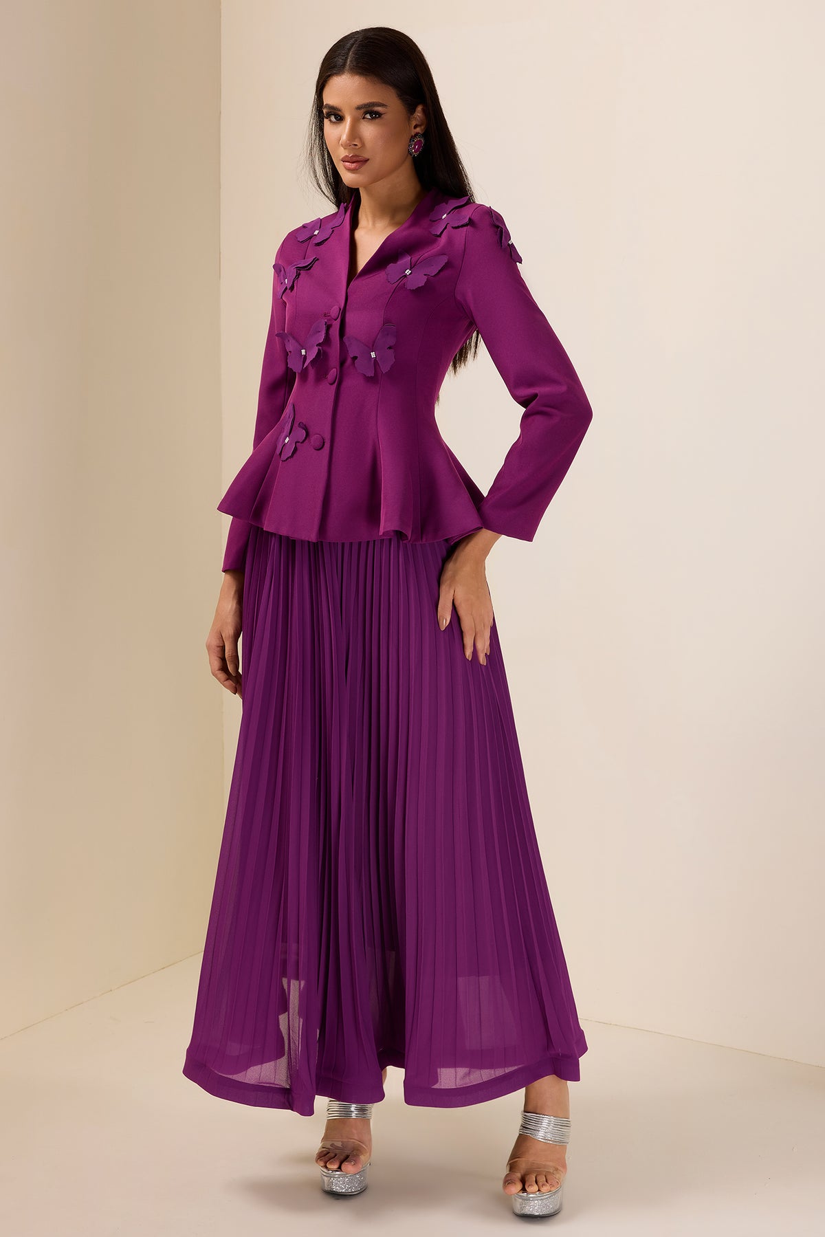 3D Butterfly Blazer & Pleated Midi Skirt Set