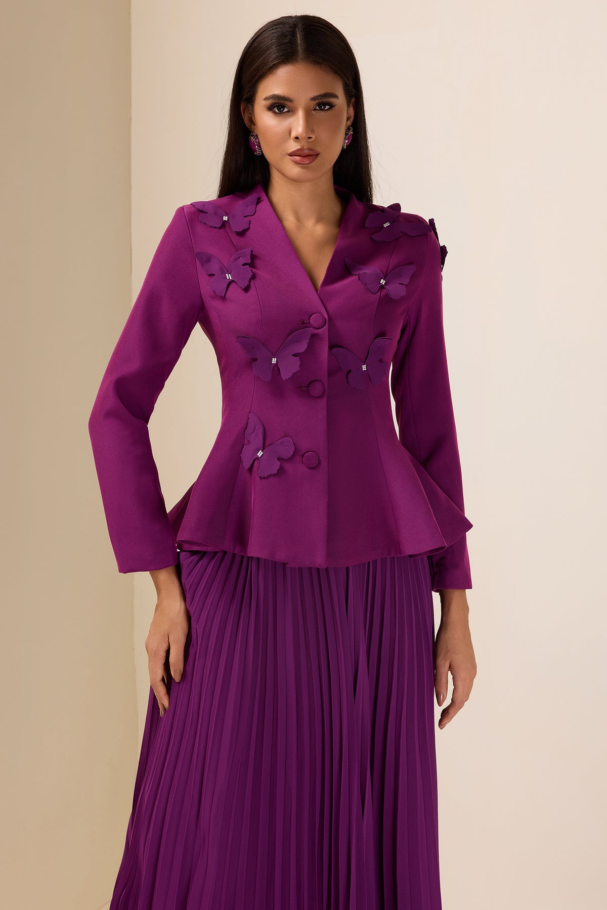 3D Butterfly Blazer & Pleated Midi Skirt Set