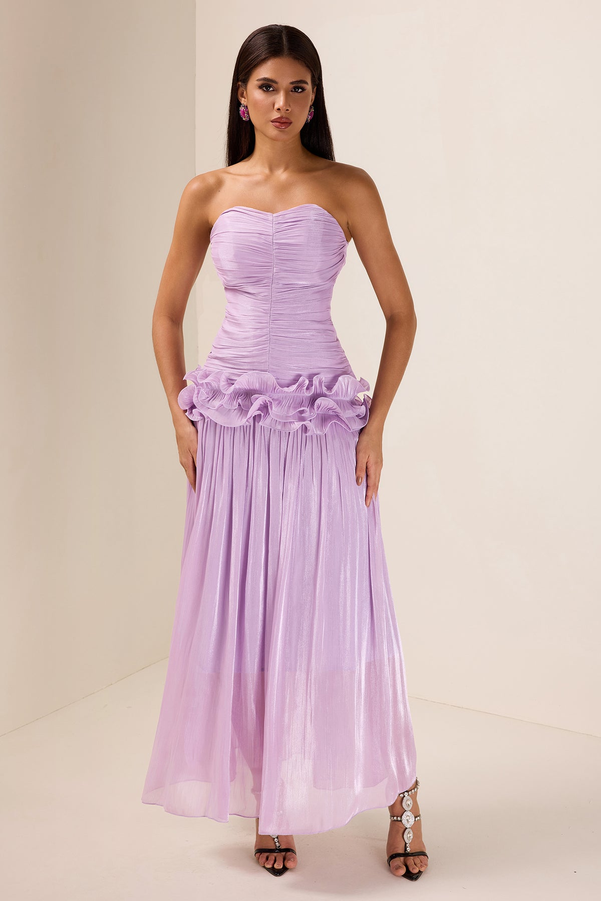 Solid Pleated Ruffle Maxi Dress