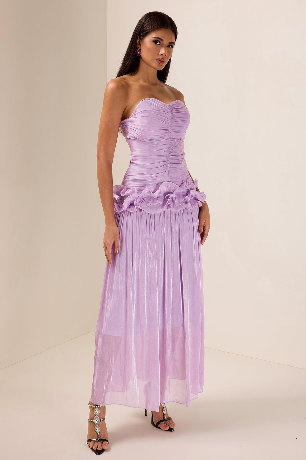Solid Pleated Ruffle Maxi Dress
