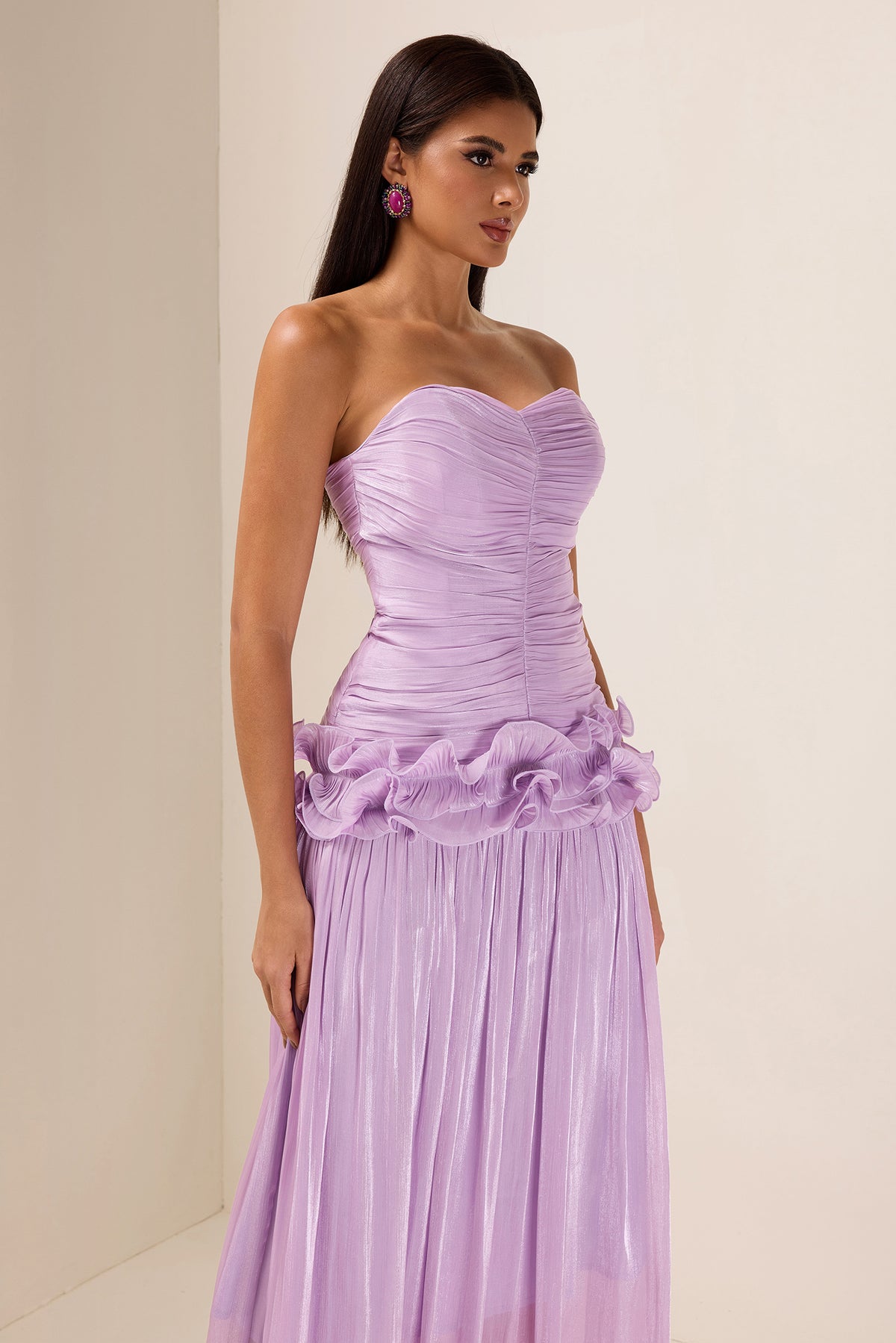 Solid Pleated Ruffle Maxi Dress
