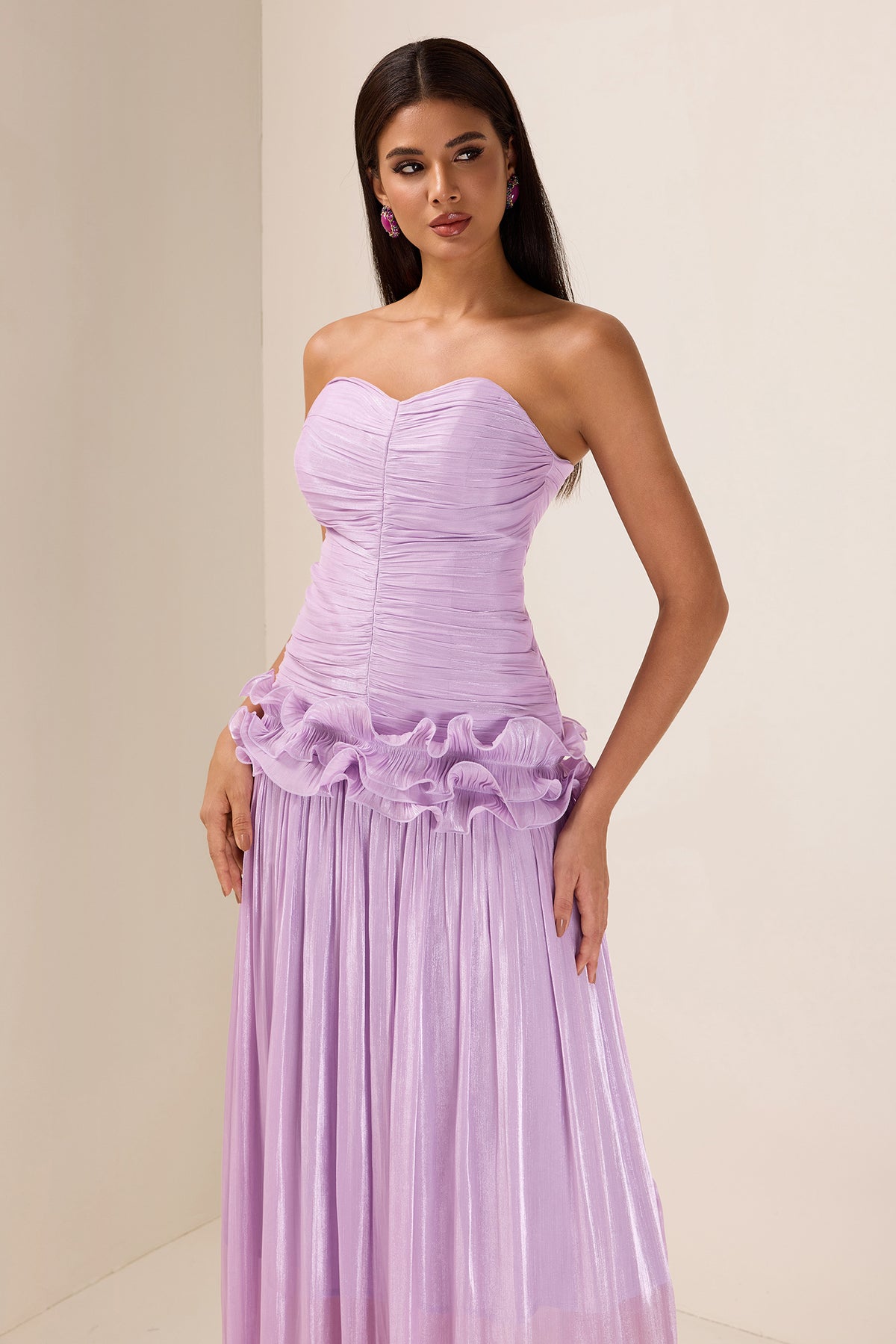 Solid Pleated Ruffle Maxi Dress