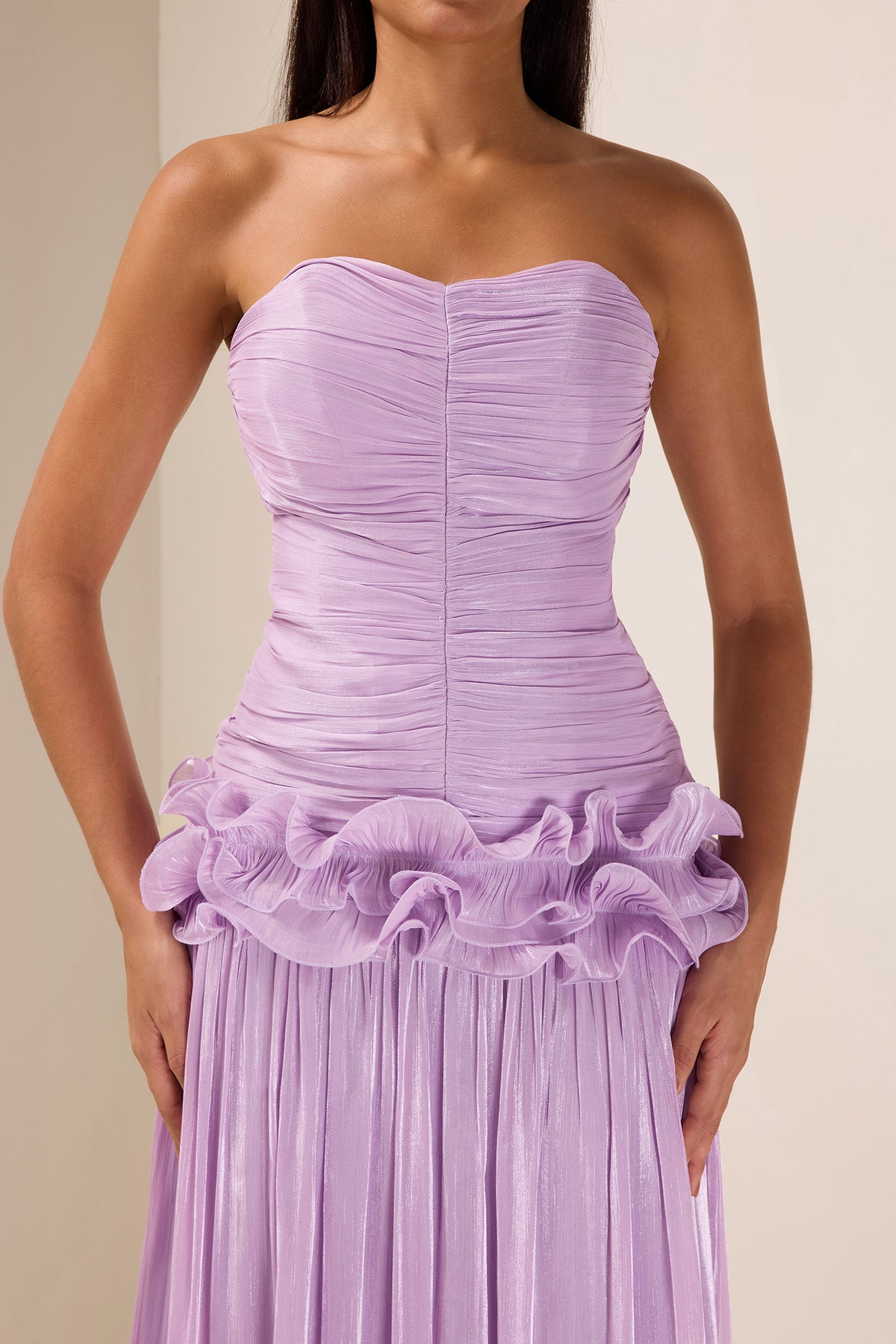 Solid Pleated Ruffle Maxi Dress