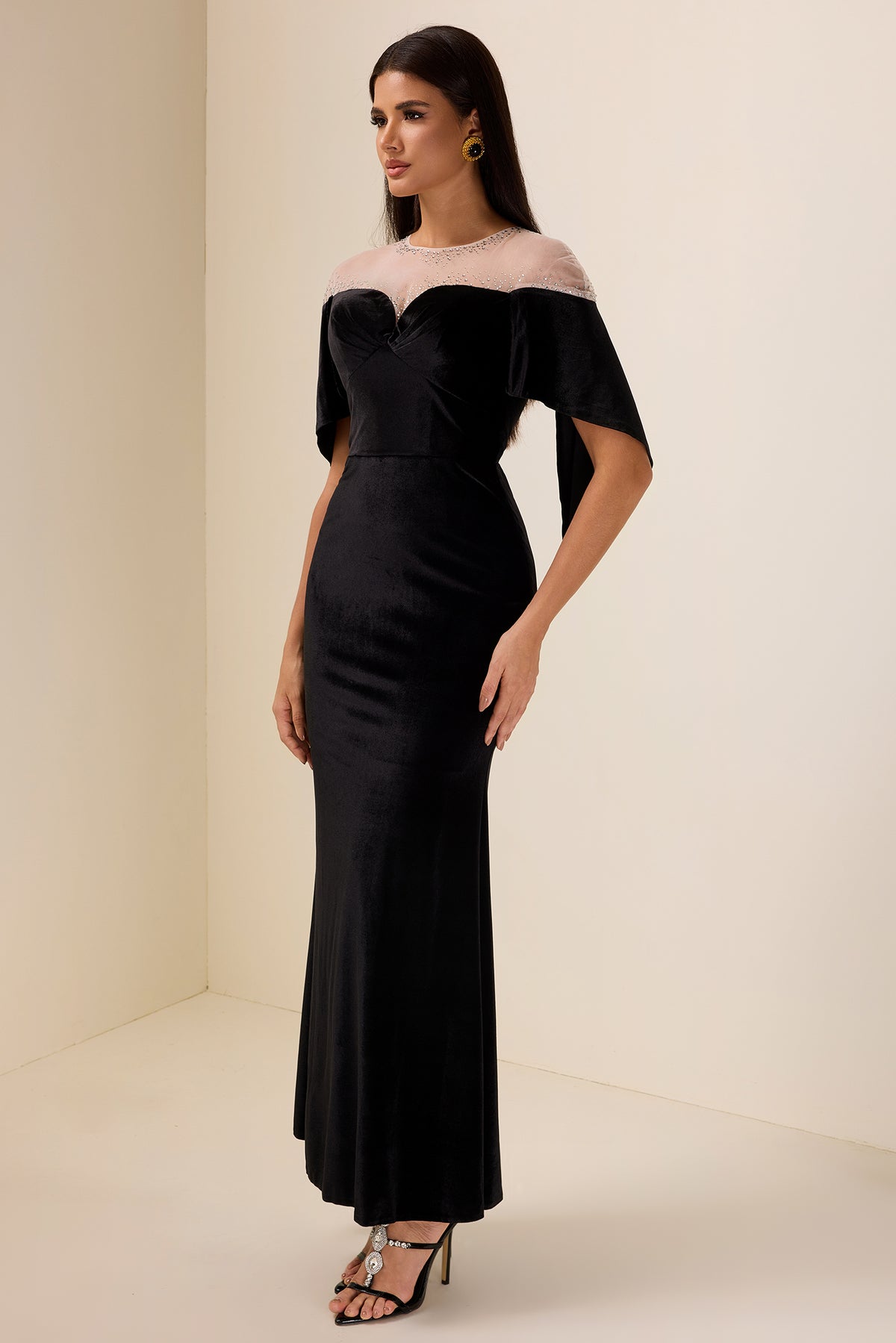 Rhinestone Velvet Cape Sleeve Midi Dress