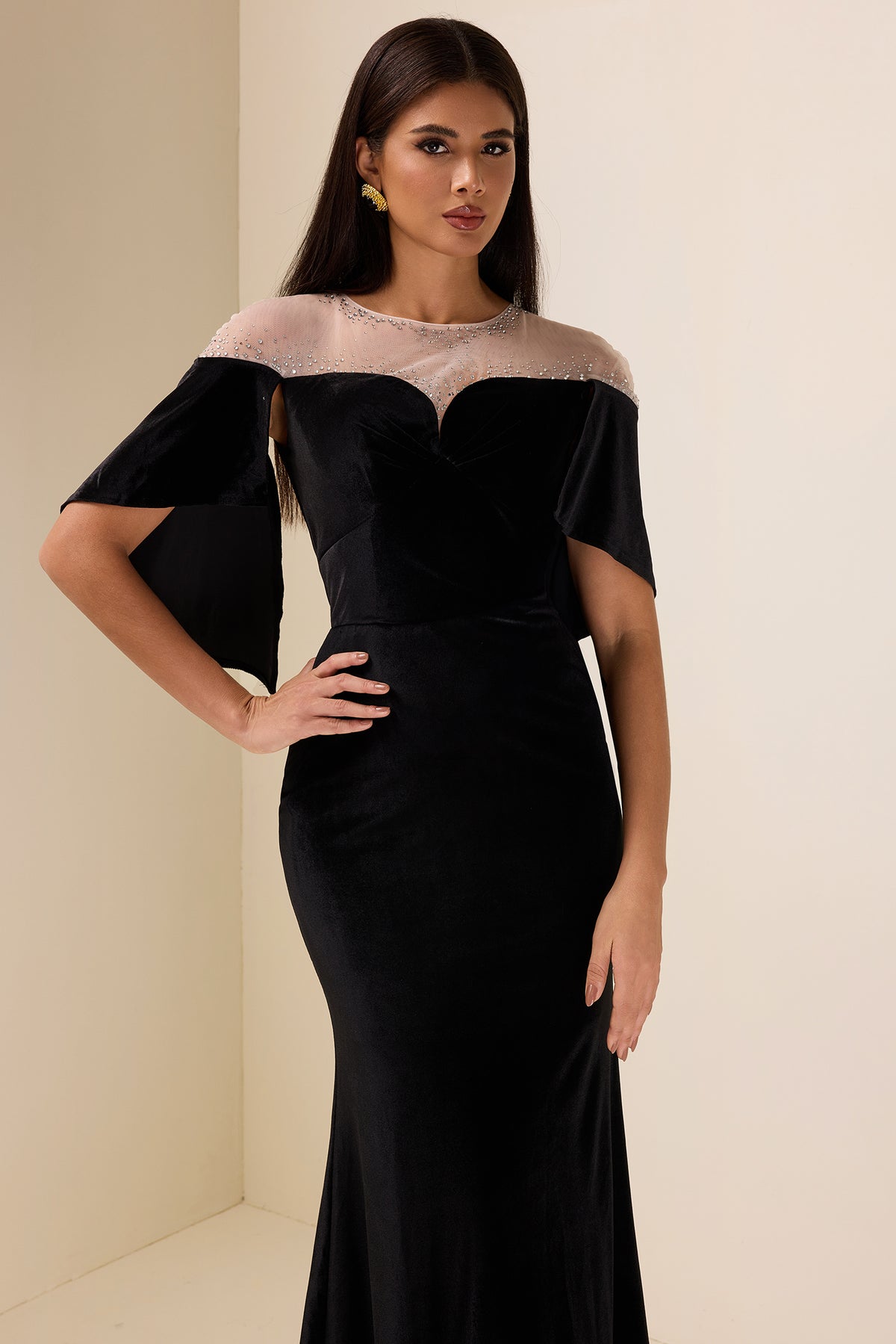 Rhinestone Velvet Cape Sleeve Midi Dress