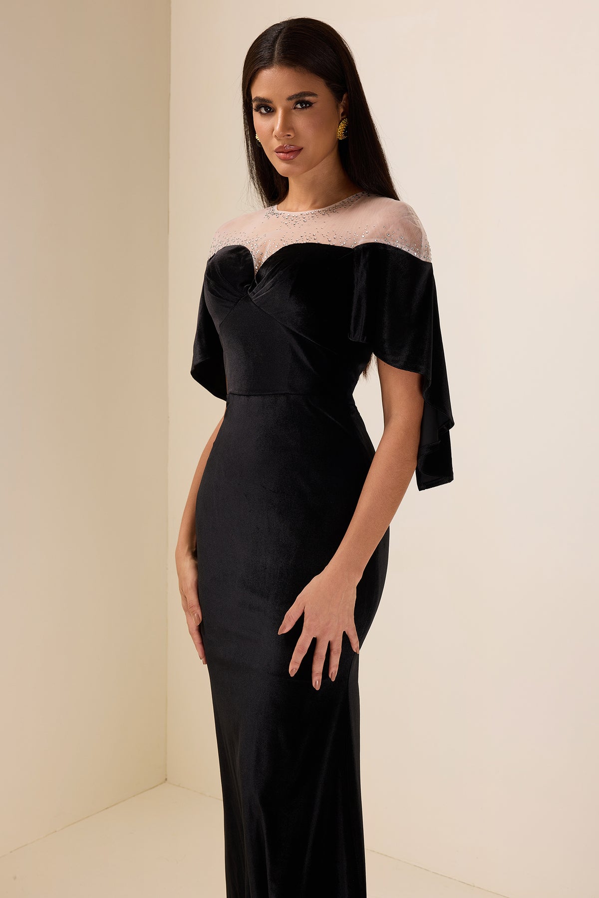 Rhinestone Velvet Cape Sleeve Midi Dress