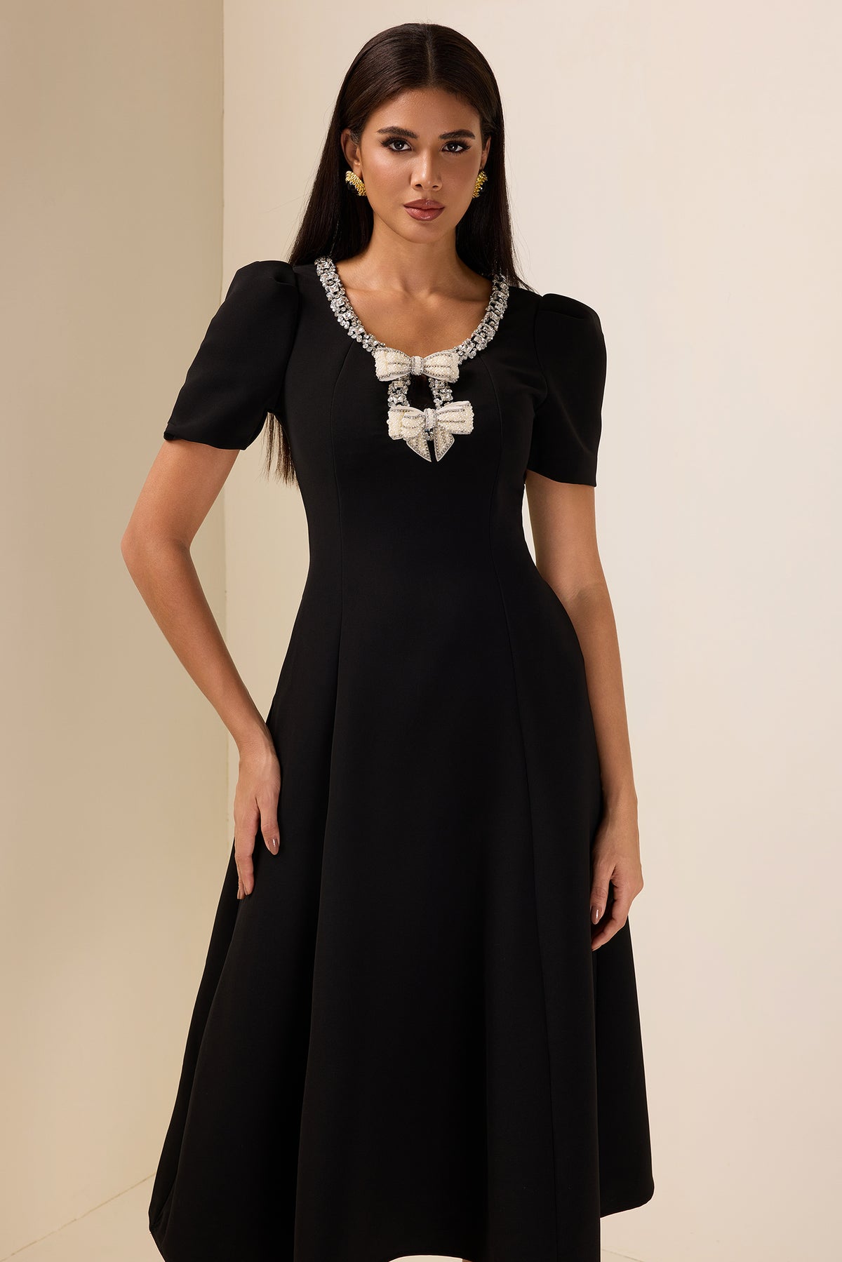 Rhinestone Bow Short Sleeve Midi Dress