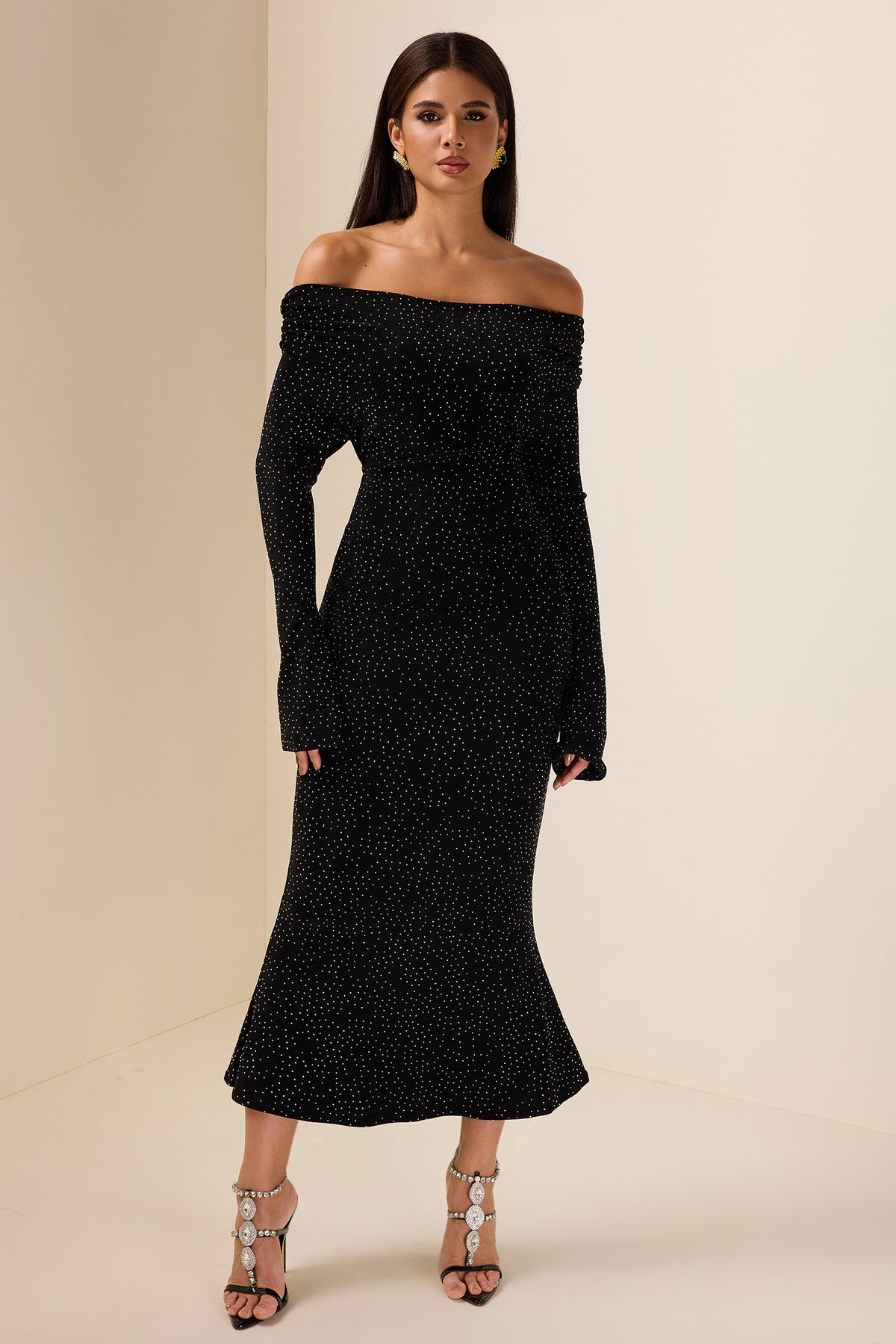 Rhinestone Off-Shoulder Midi Dress