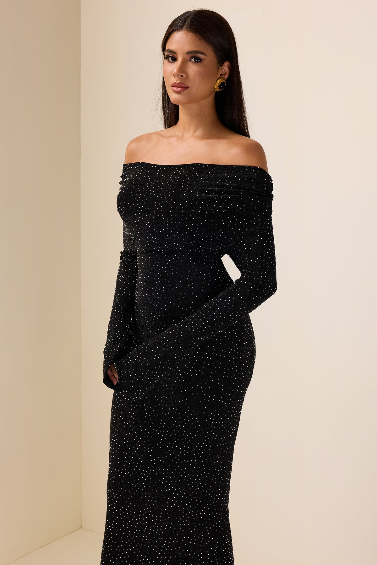 Rhinestone Off-Shoulder Midi Dress
