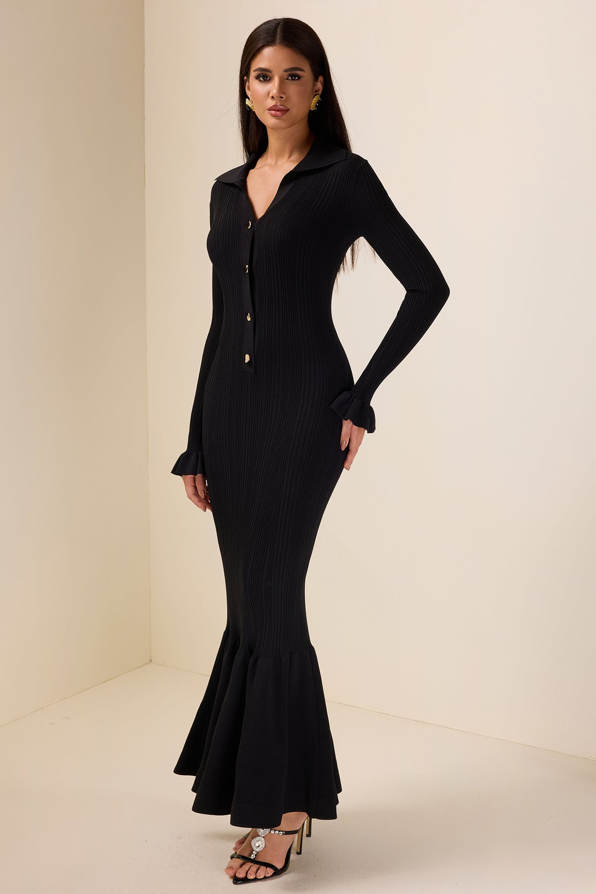 Jersey Solid Button Mermaid Midi Dress