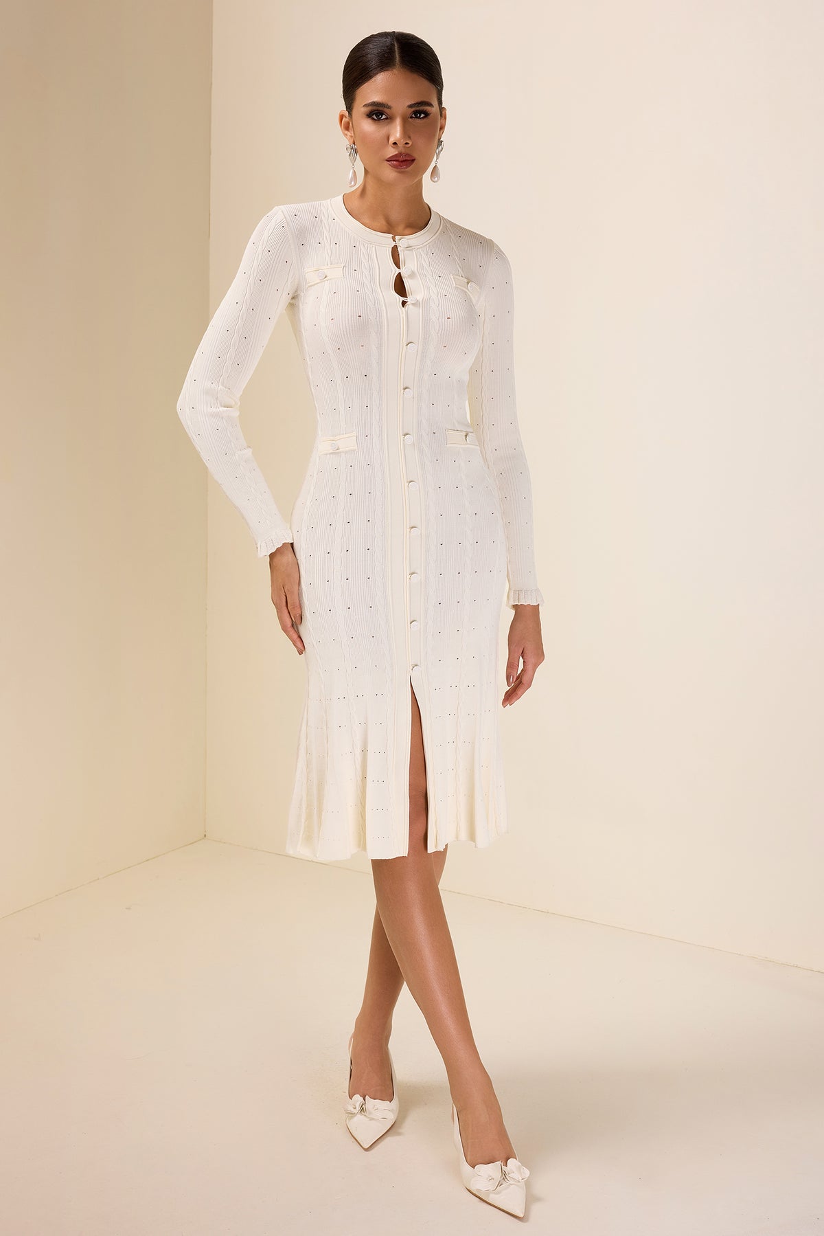 Solid Knit Bottom Long Sleeve Midi Dress