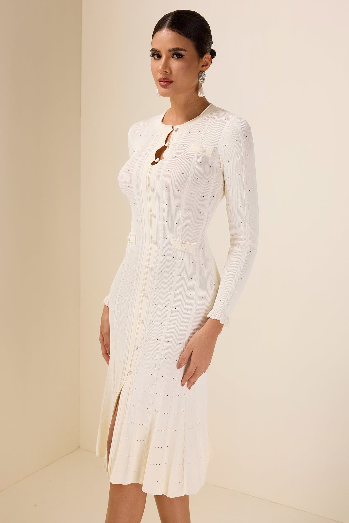 Solid Knit Bottom Long Sleeve Midi Dress