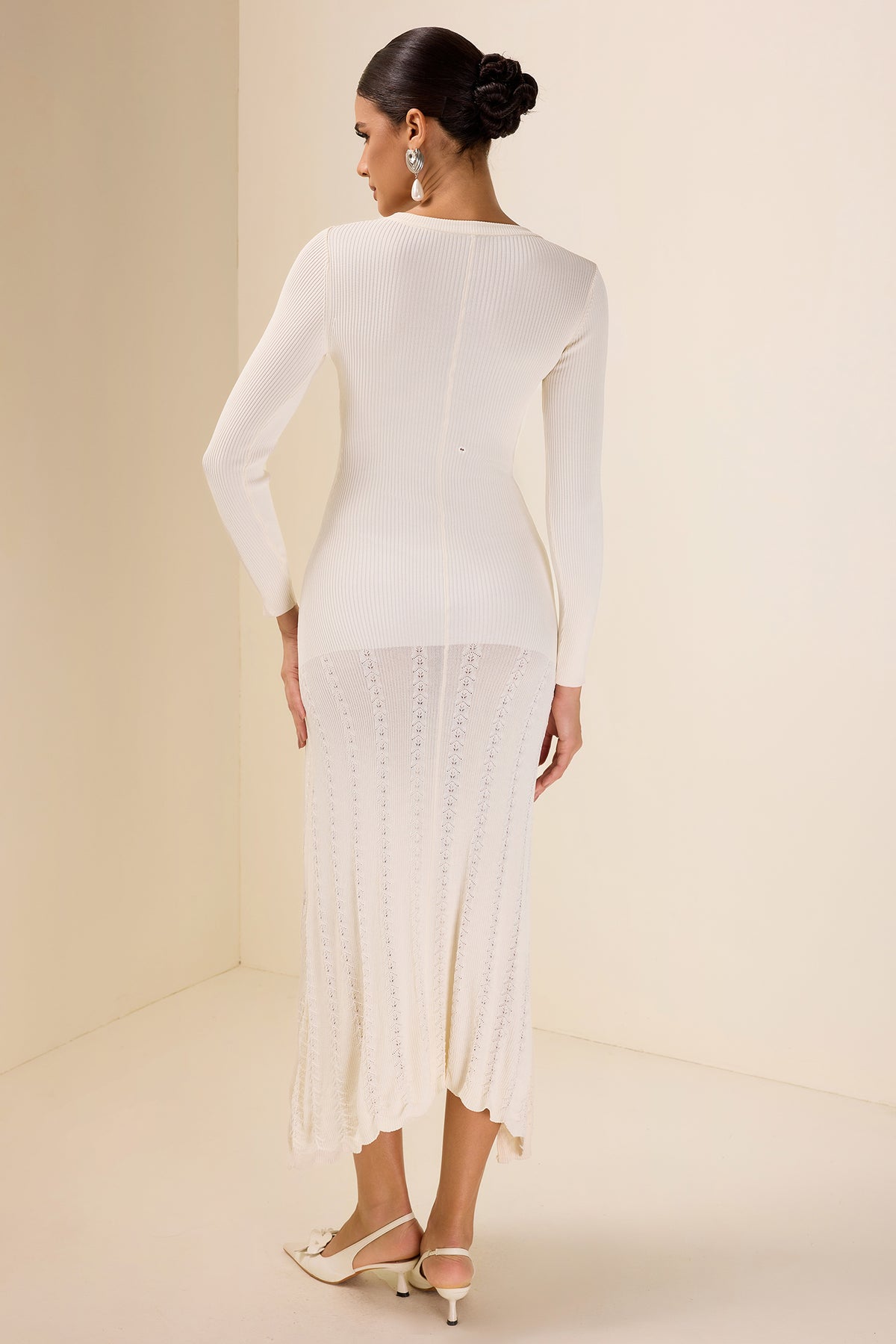 Knit Solid Bottom Round Neck Midi Dress