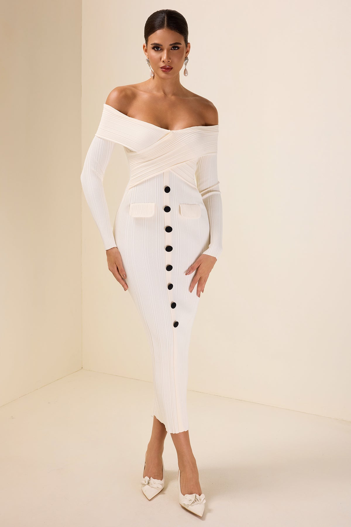 Knit Off-Shoulder Bottom Midi Dress