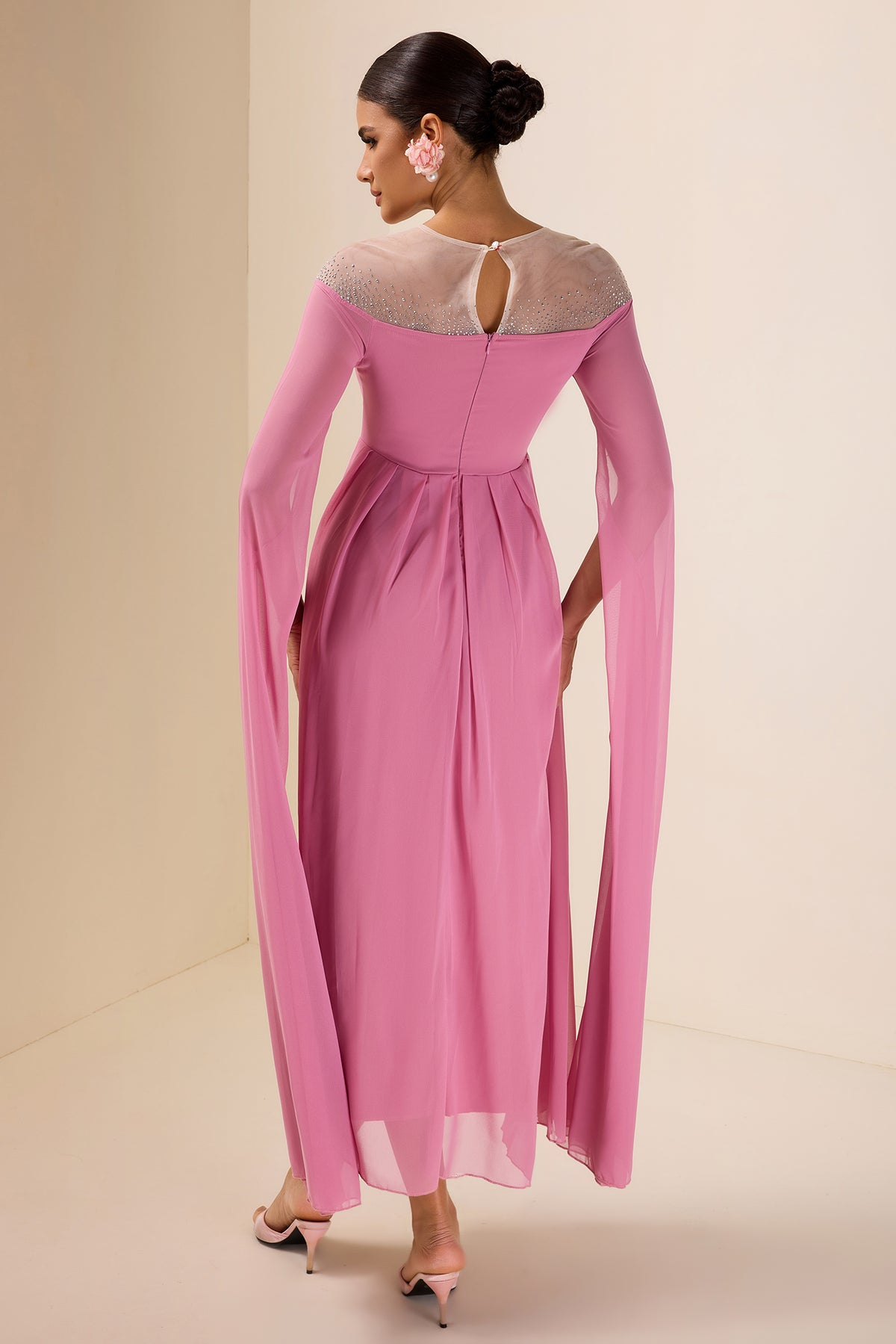 Chiffon Rhinestone Cape Sleeve Midi Dress