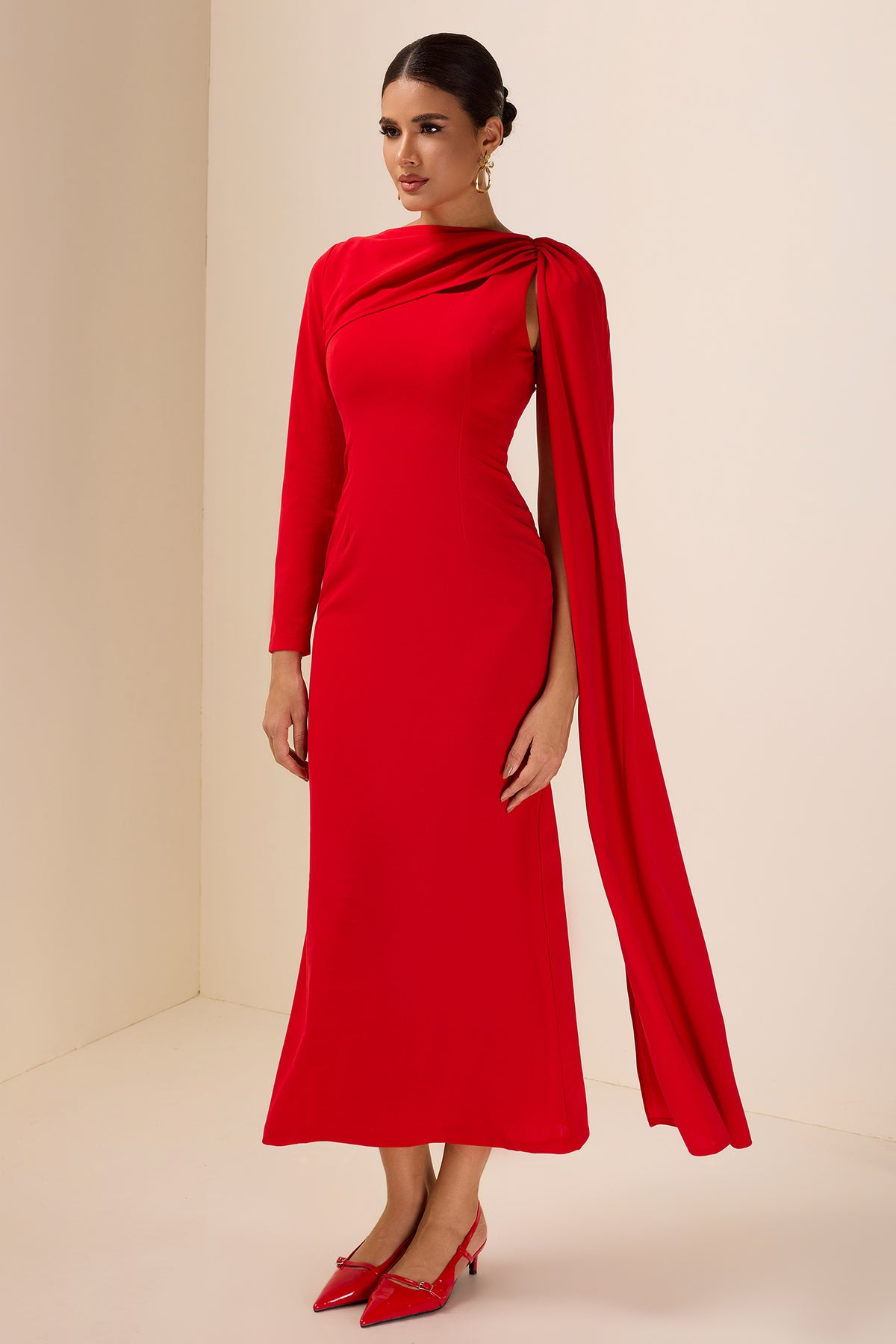 Solid Cape Sleeve Cut-Out Midi Dress