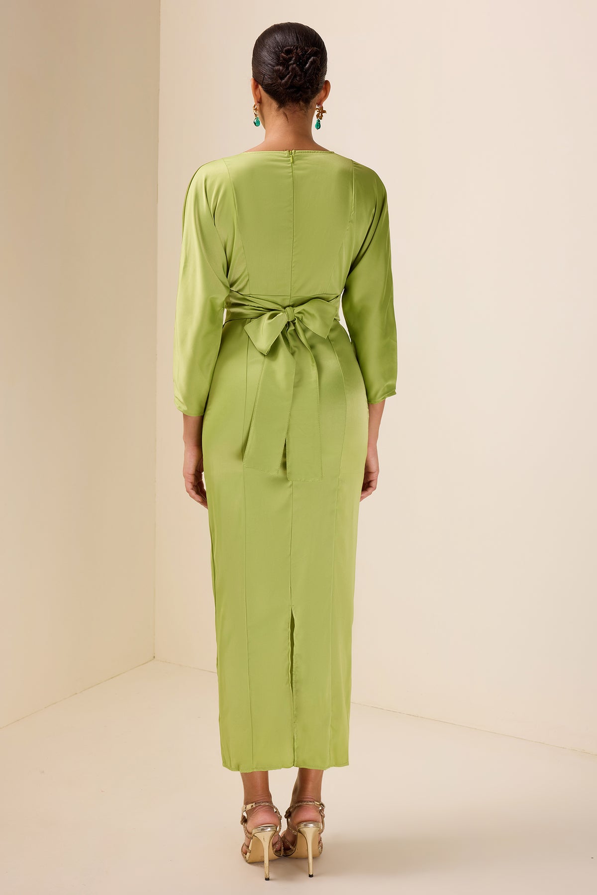 Satin Bell Sleeve Solid Midi Dress With Belt