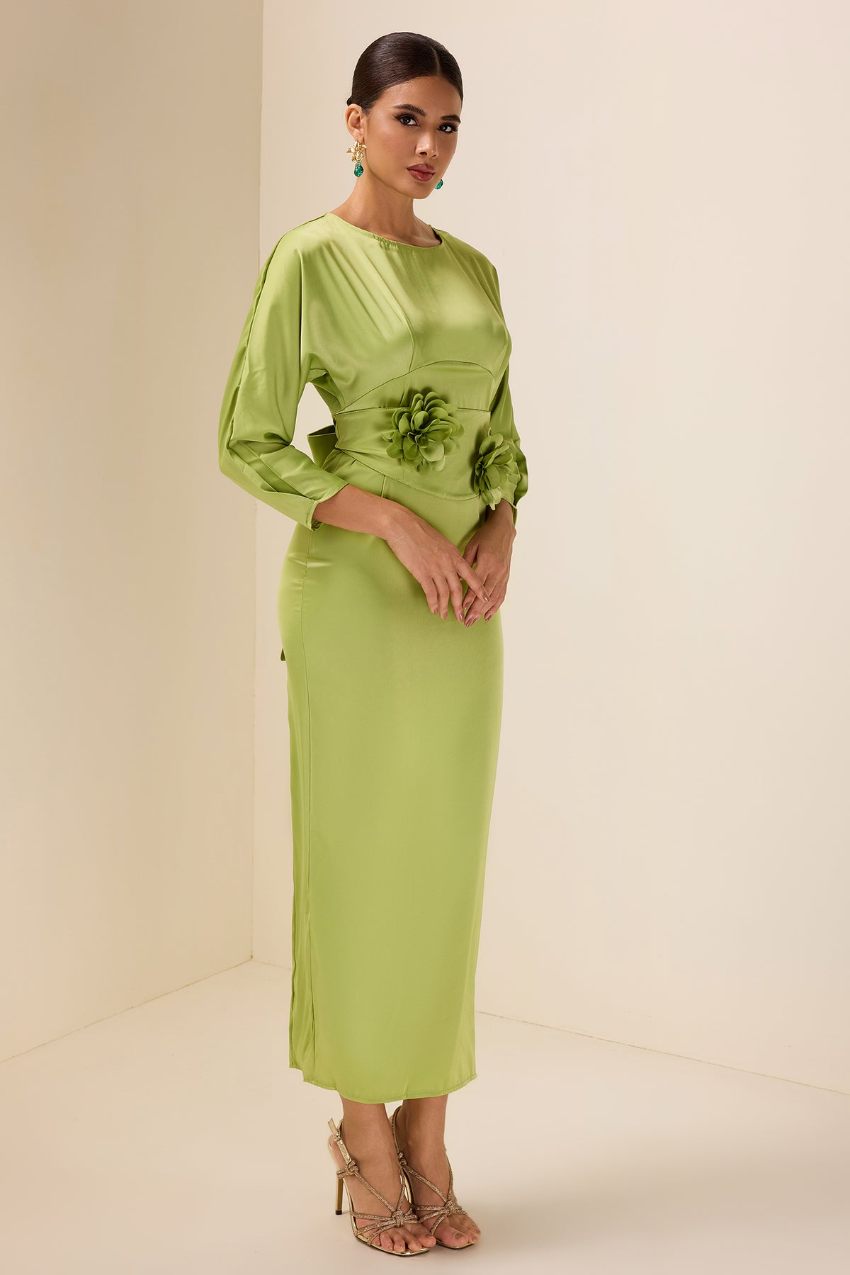 Satin Bell Sleeve Solid Midi Dress With Belt