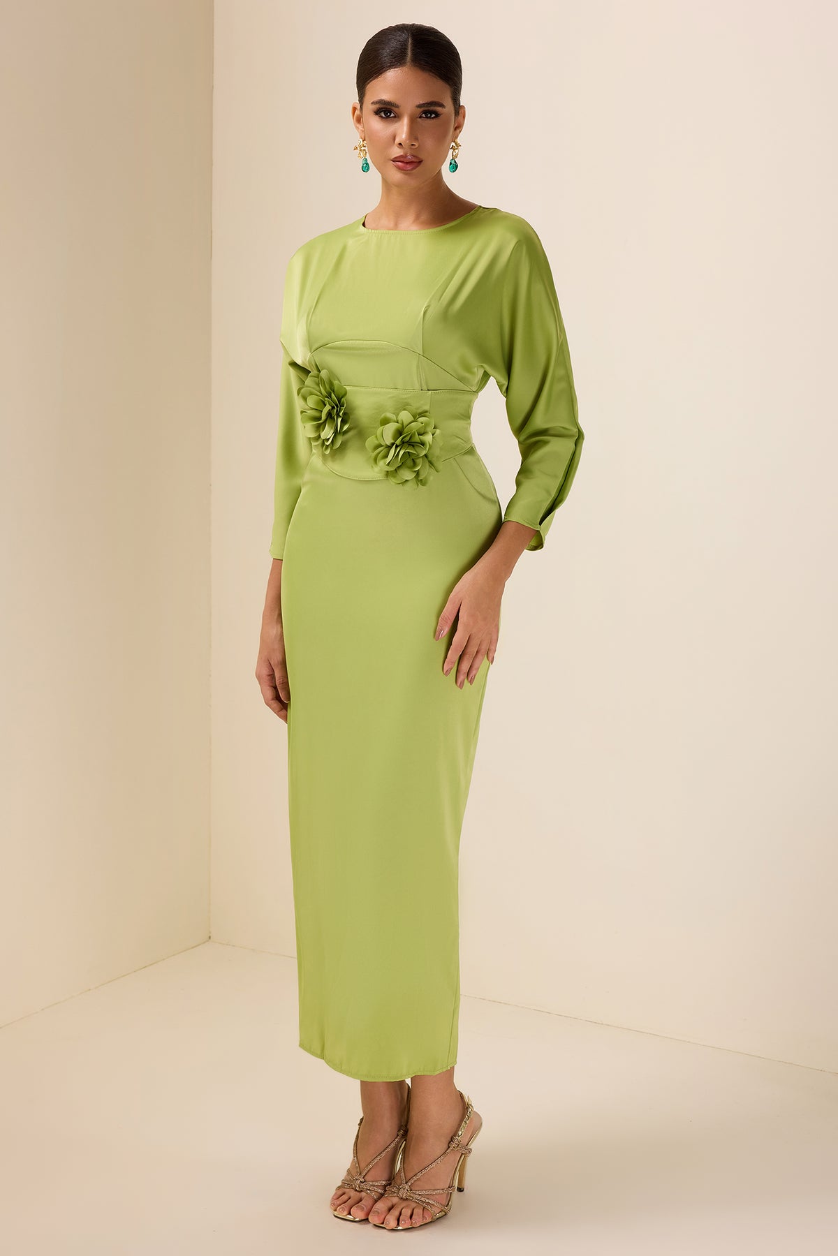 Satin Bell Sleeve Solid Midi Dress With Belt