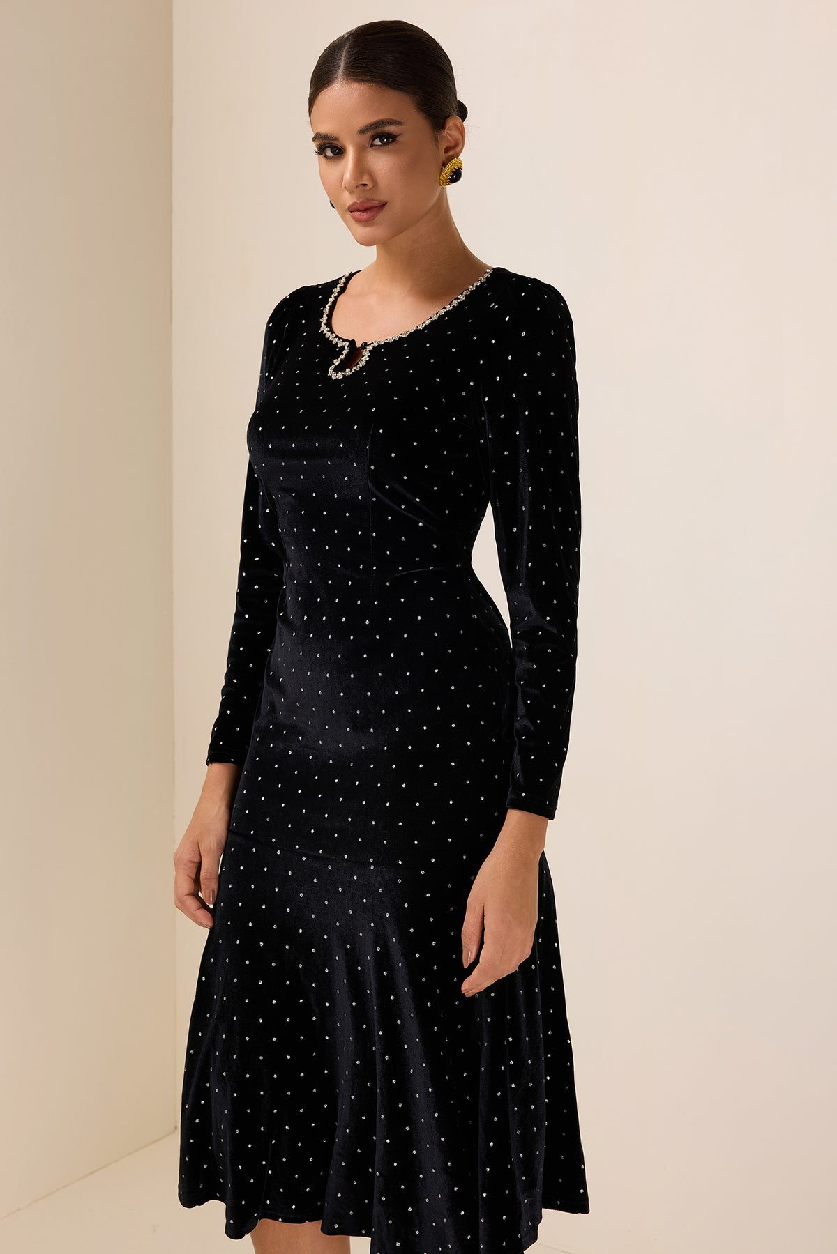 Solid Velvet Rhinestone Midi Dress