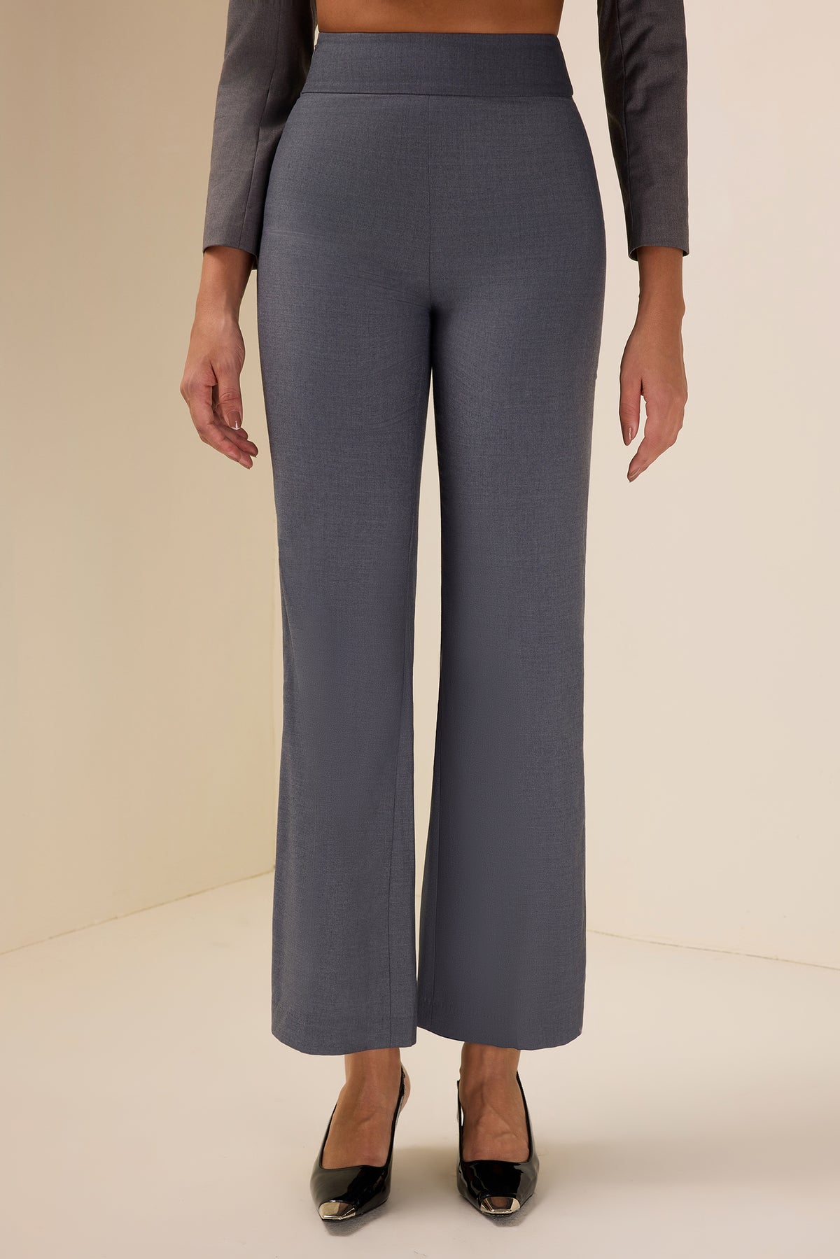 Round Neck Bottom Blazer & Wide-Leg Pants Set