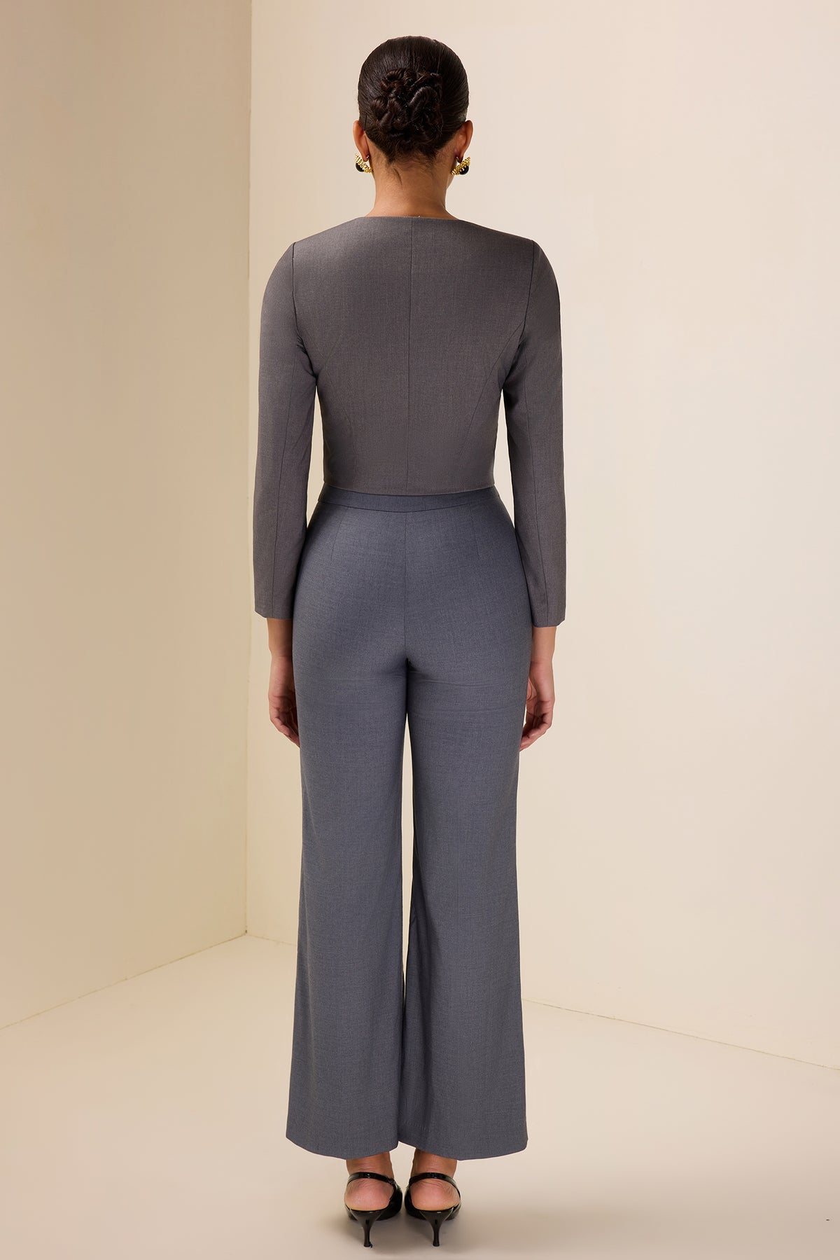 Round Neck Bottom Blazer & Wide-Leg Pants Set