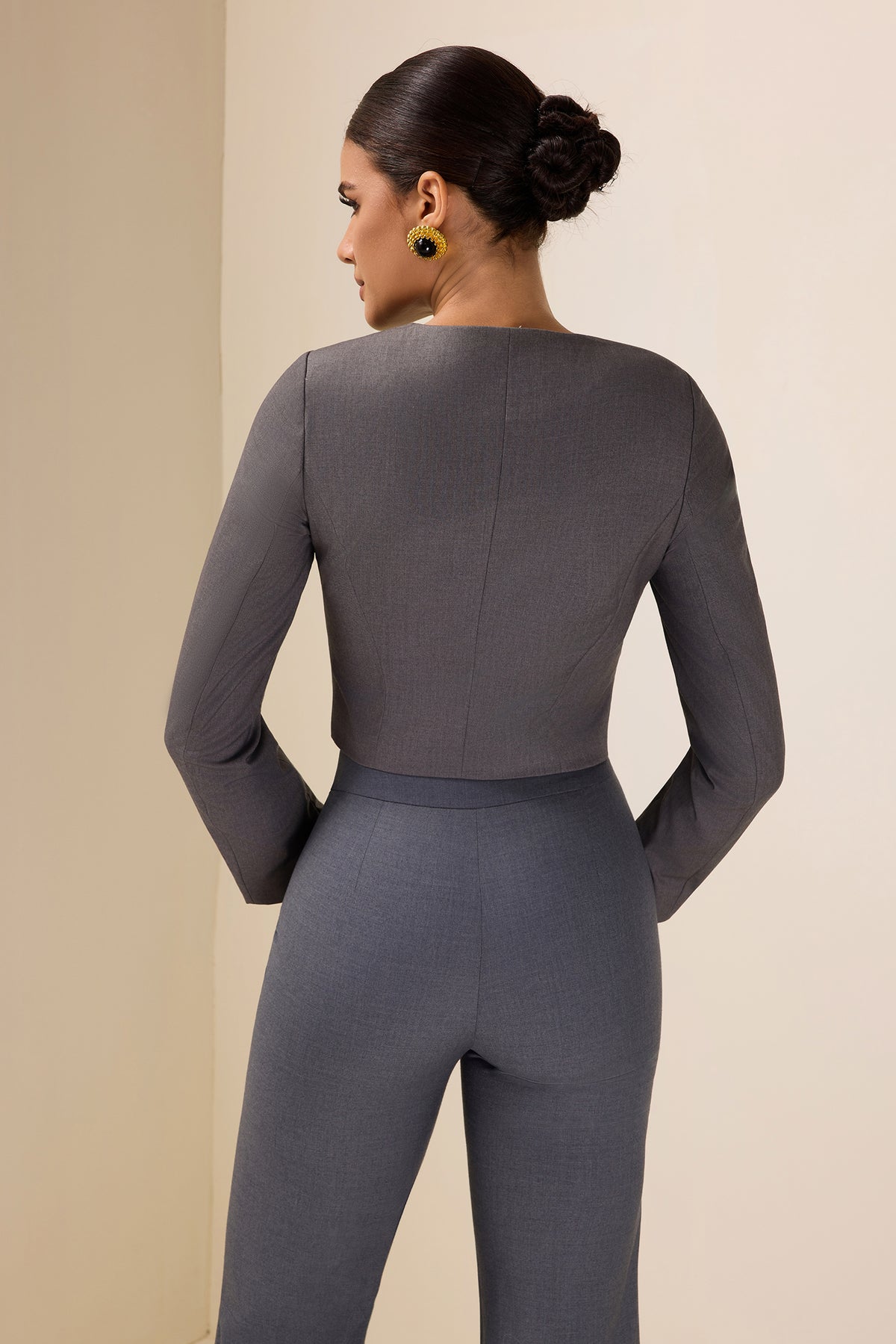Round Neck Bottom Blazer & Wide-Leg Pants Set