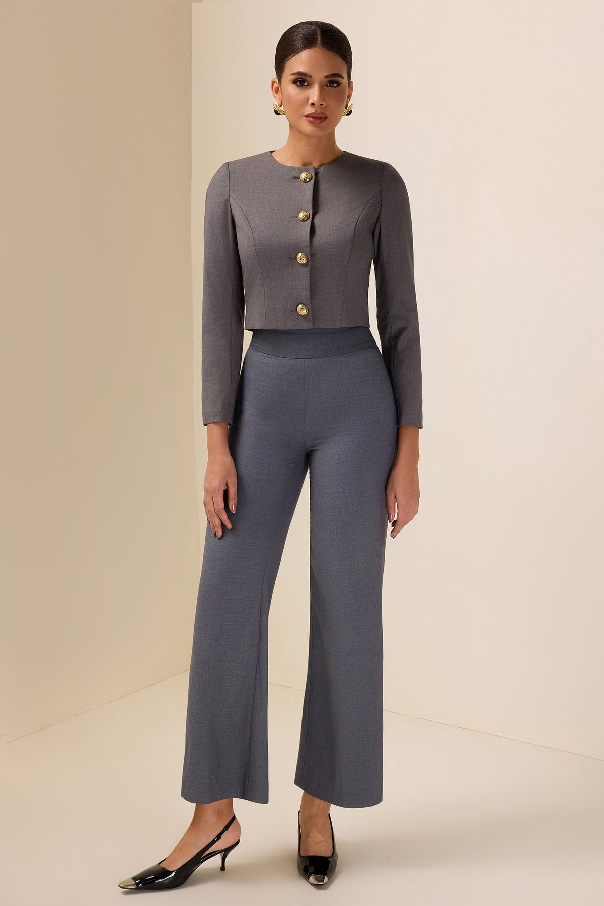 Round Neck Bottom Blazer & Wide-Leg Pants Set
