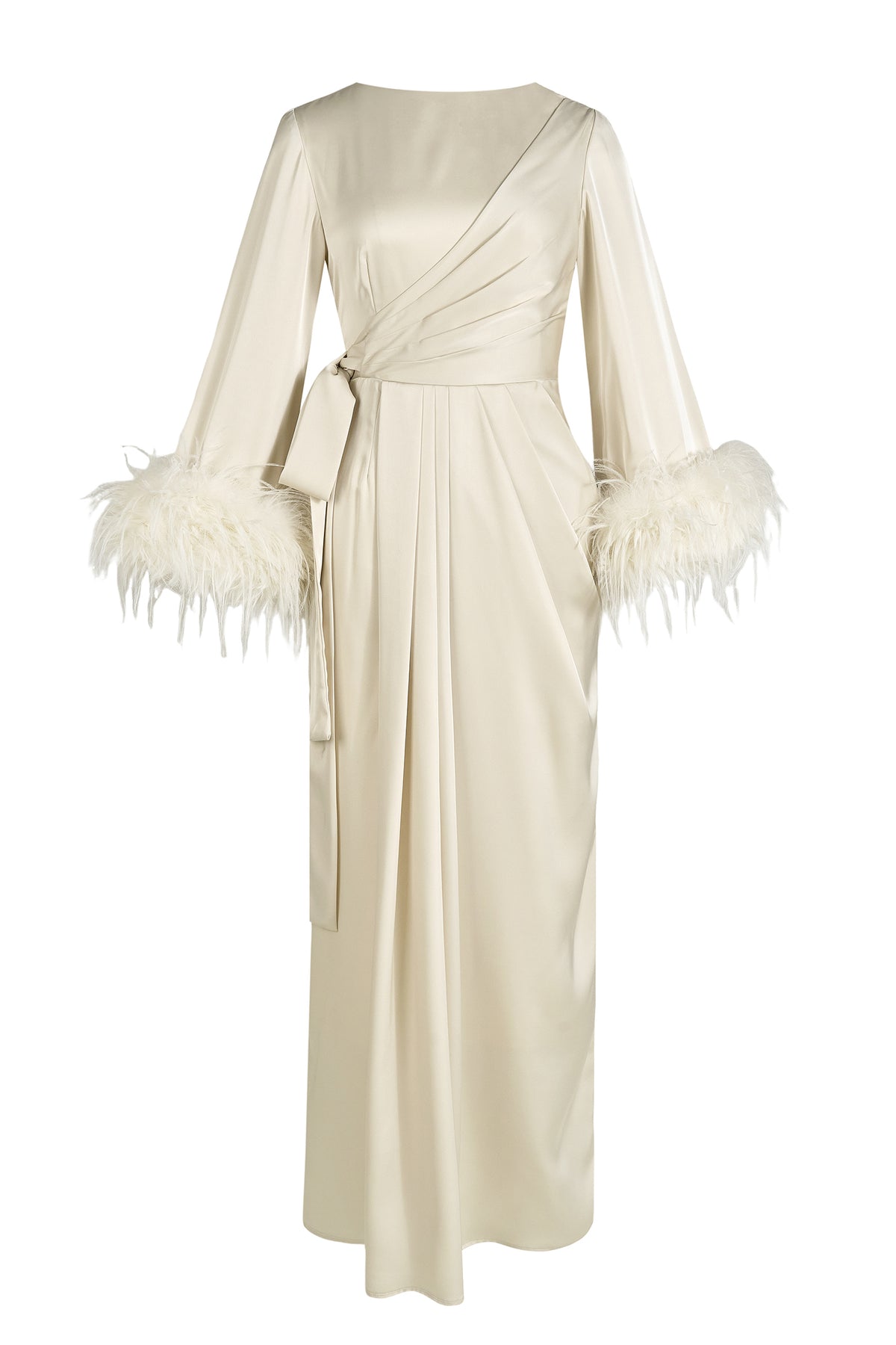 Satin Lace-Up Feather-Trimmed Pleated Maxi Dress