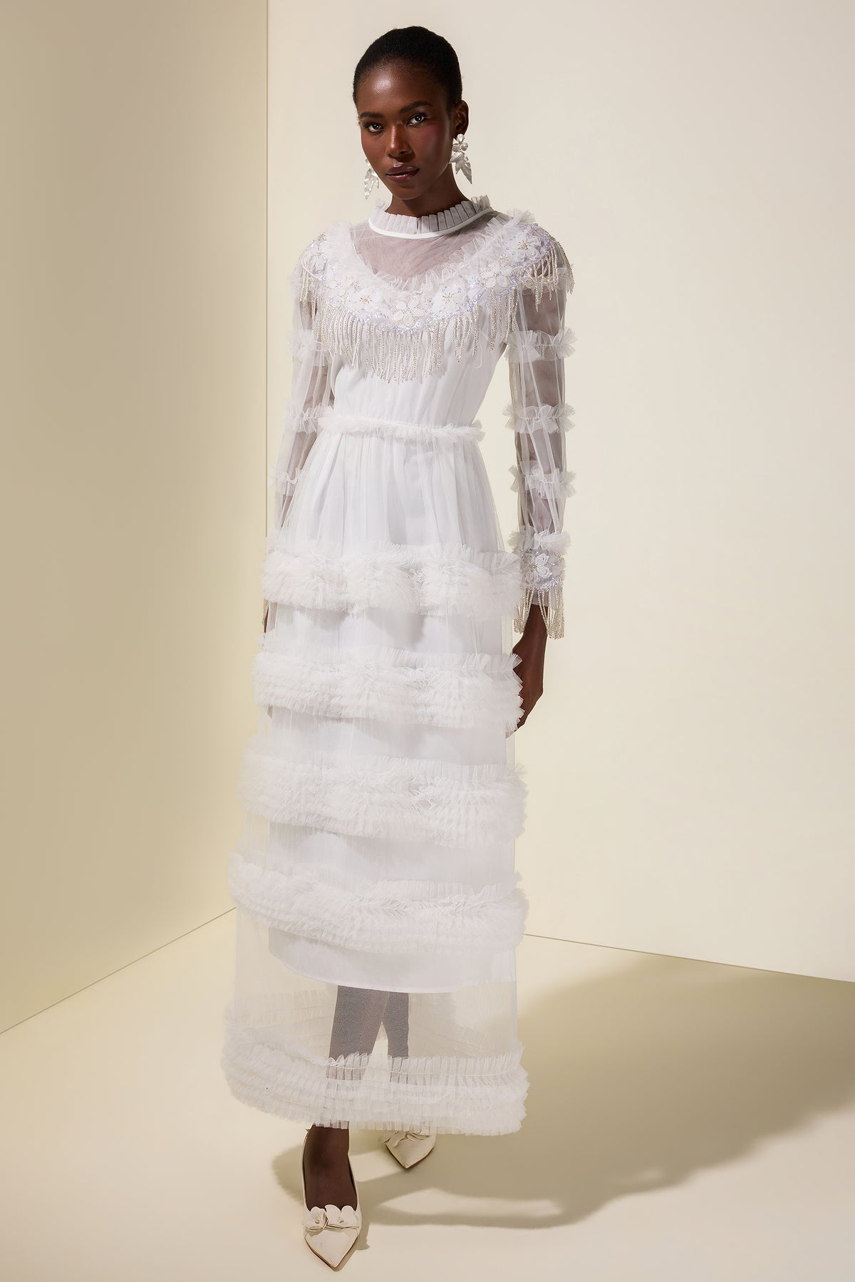 Beaded Frill Round Neck Maxi Dress